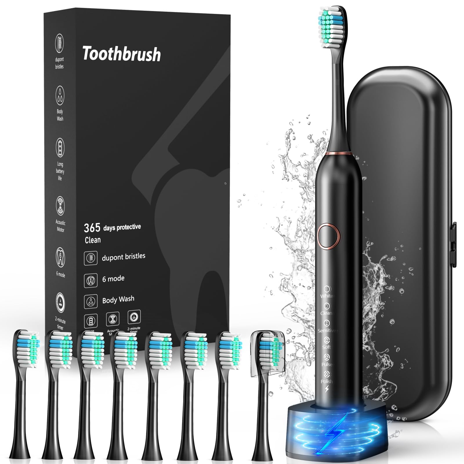 Electric Toothbrush, Sonic Type for Adults & Teens, 8 Brush Heads, Travel Case, 6 Modes, 40000 VPM Electric Motor, IPX7 Waterproof, 2 Minutes Timer, Wireless Charging, One Charge for 100 Days (Black)