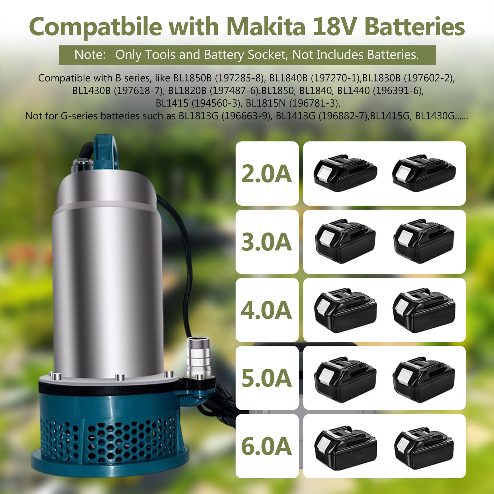 Bomba de agua Compatible con Makita 18V, 5000L/H Bomba Sumergible con Manguera de agua de 5 m, Cable de 3m, bomba de sumidero para Piscina, Camas de Agua, Ducha de Jardín, Charco, Agua Sucia