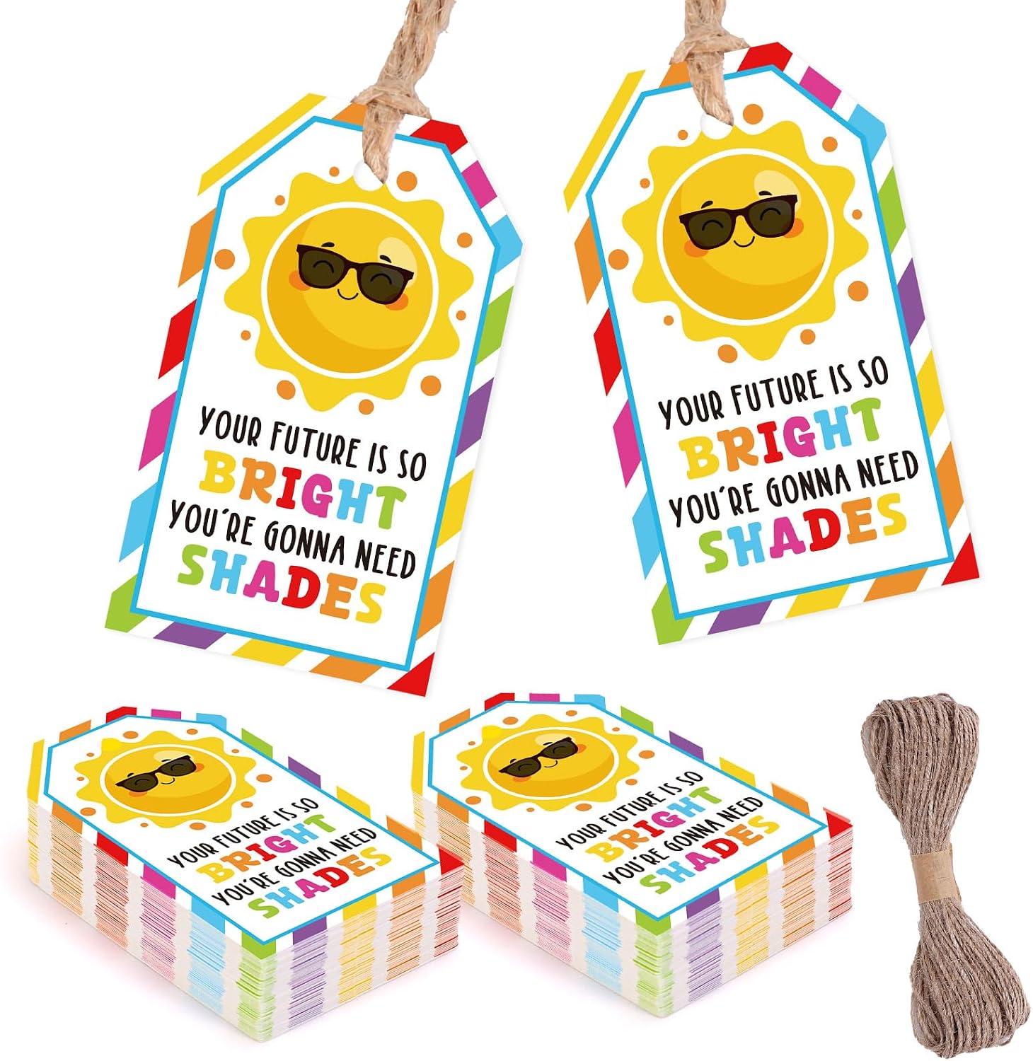 AnyDesign 100 Pcs Kindergarten Graduation Gift Tags Congrats Grad Bright Sun Motivational Paper Hanging Labels with Hemp Rope End of School Year Gift Tag for Summer Preschool Graduate Party Supplies