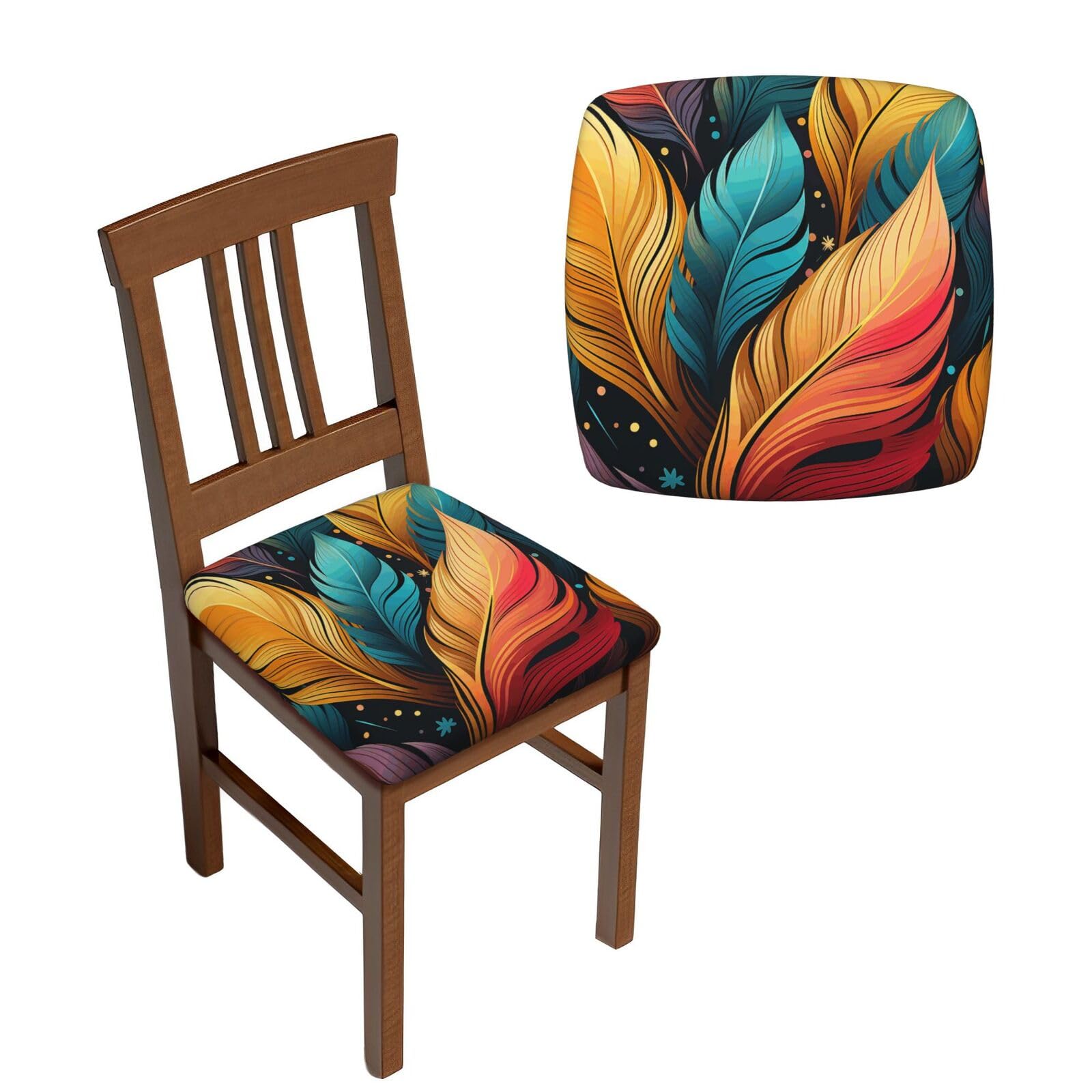 NONHAI 4PCS Dining Chair Seat Covers Set Colorful Feathers Stretch Removable Chairs Covers Washable Seat Cushion Slipcovers Protector for Dining Room Kitchen Chairs