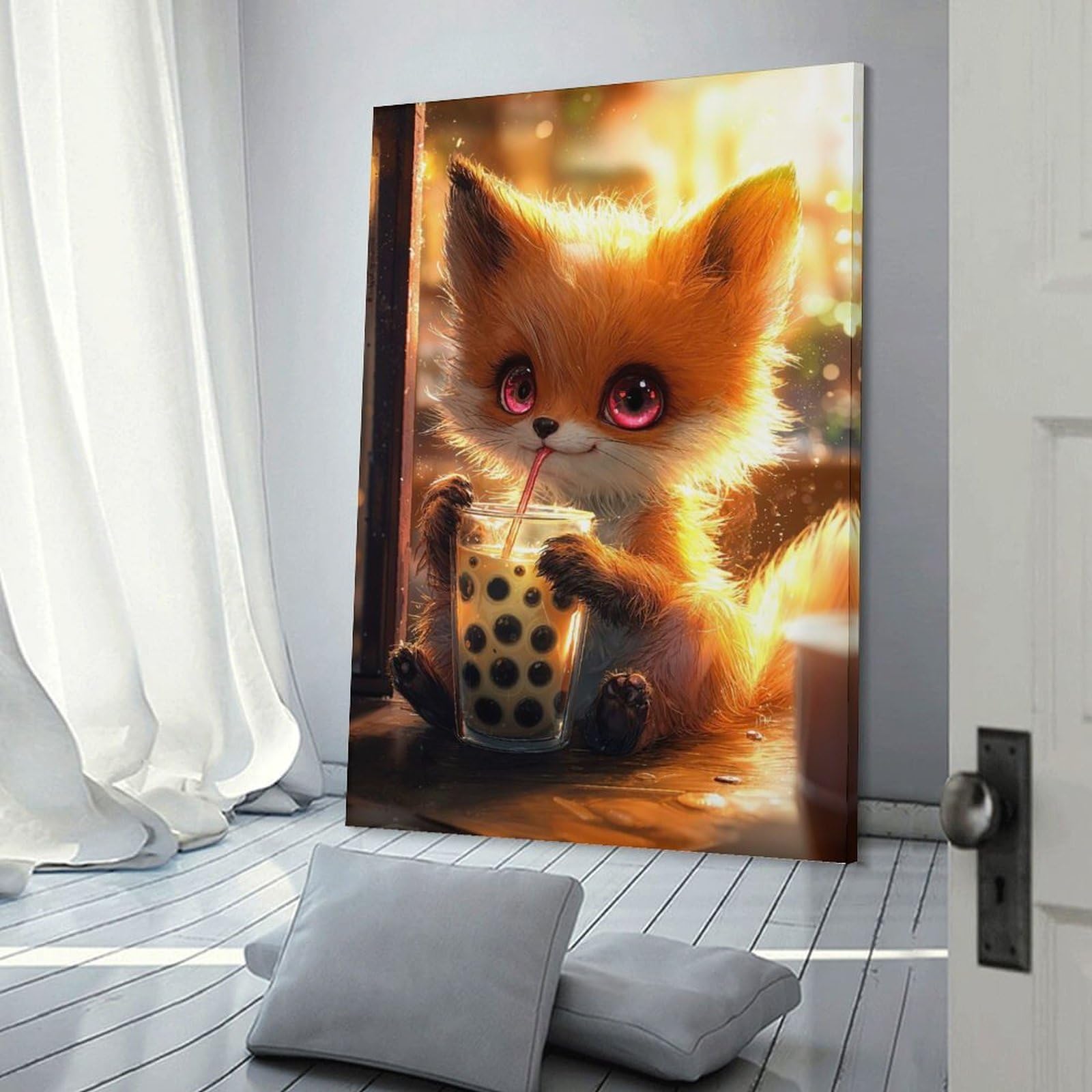 Junmoney Cute Fox Drinking Boba Tea Decorative Wall Artwork, 24x36inch(60x90cm), for Work Areas, Reading Rooms Or Studios, Wall Art That Adds Style to Work Areas