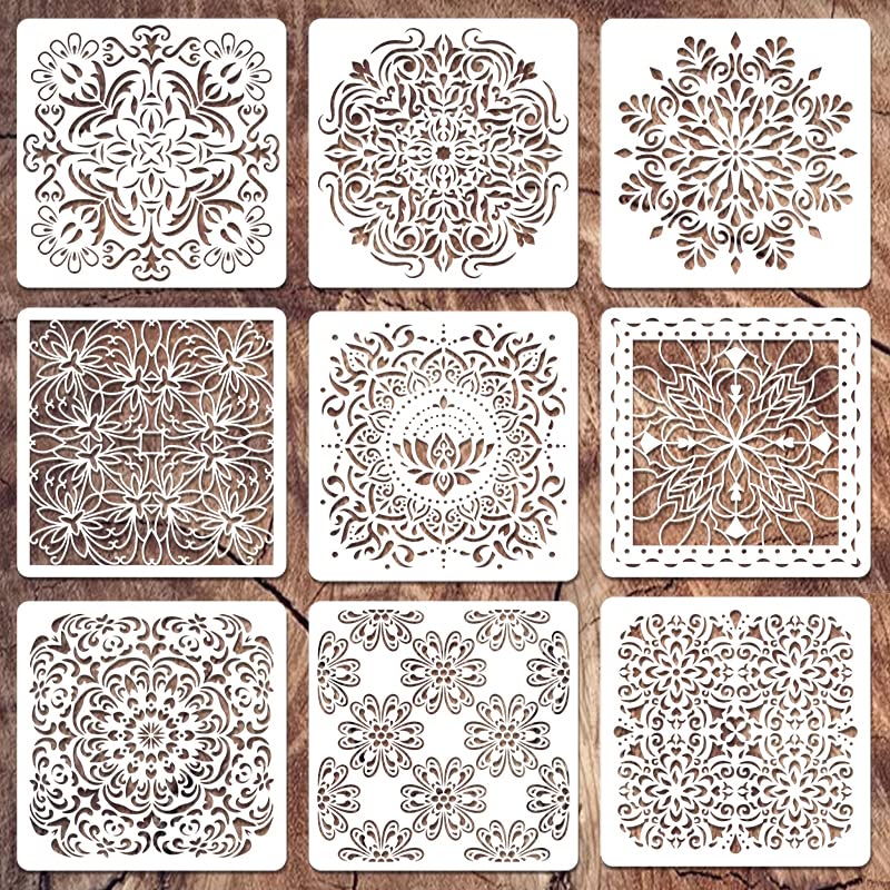 Felixcraft Wall Stencils for Painting Large Pattern, 9Pcs 12 Inch Mandala Stencils for Crafts on Wall Wood Furniture Floor Tile, Plastic Reusable Stencils for Home Decor and Other DIY Projects 12 inch square pattern