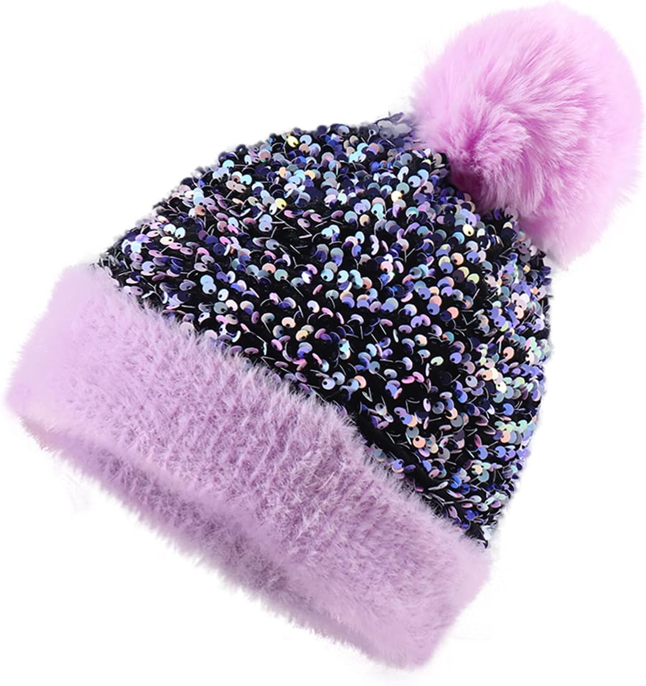 Women Sequin Knitted Beanie Hat with Faux Fur Pom-Pom Shiny Bling Skull Cap