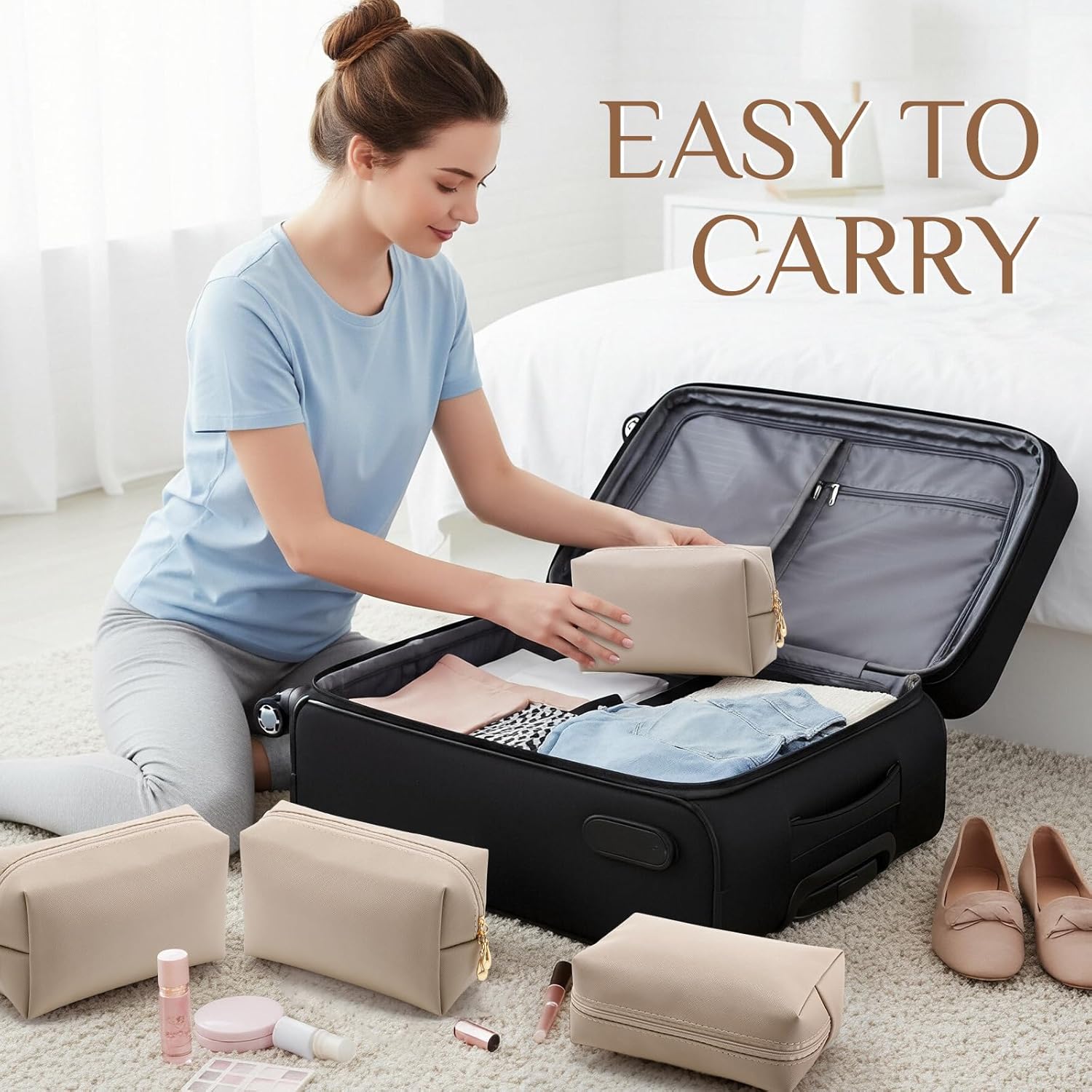 Sanwuta 9 Pcs Makeup Bags Bulk PU Double Zippers Cosmetic Bag Makeup Toiletry Small Pouch Portable Travel Organizers Case for Women Bridesmaid Proposal Gifts(Apricot) - Image 5