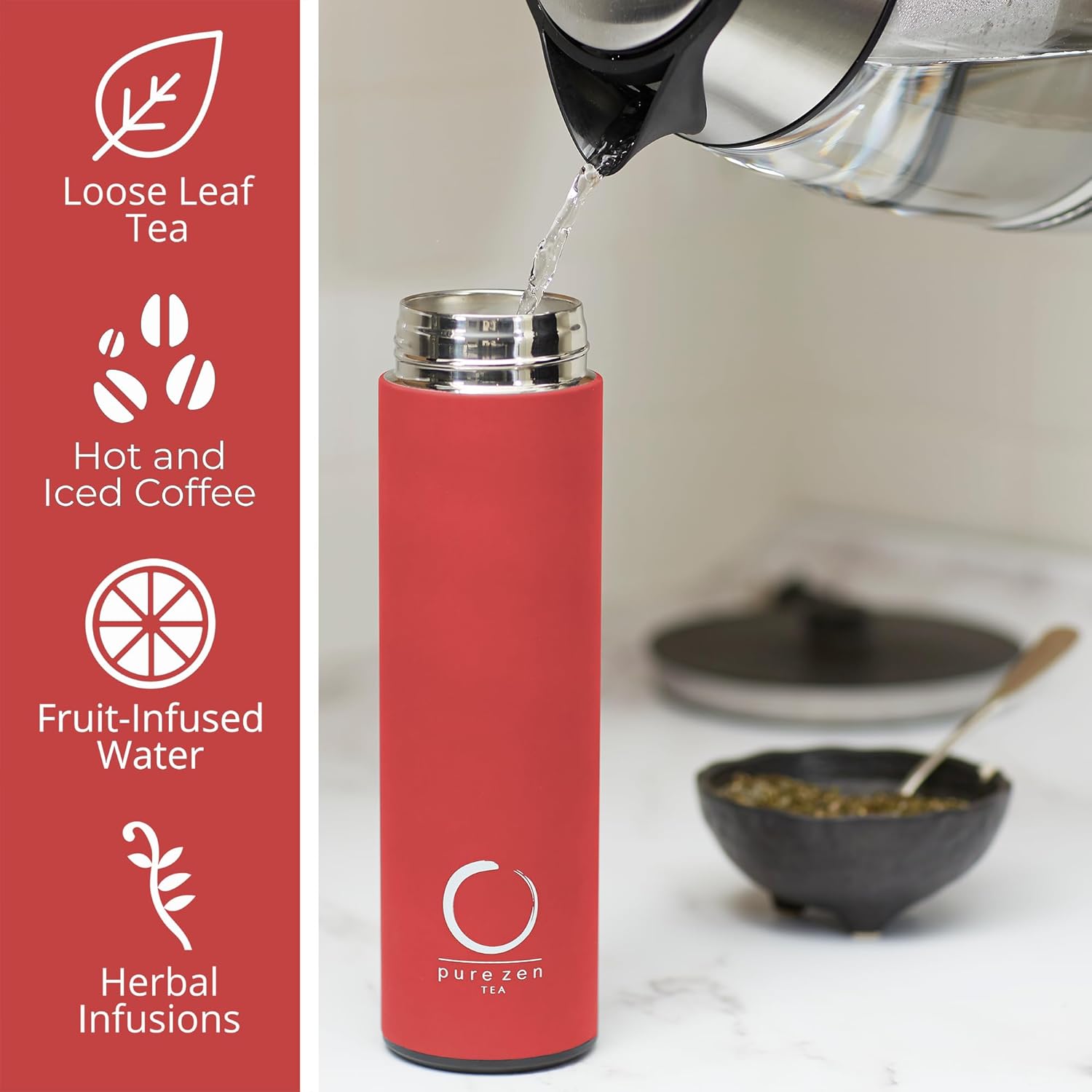 Pure Zen Tea Thermos with Infuser for Hot and Cold Infusions - Stainless Steel - Tea Infuser Bottle - Leakproof Travel Mug with Filter - 15oz - Red - Image 5