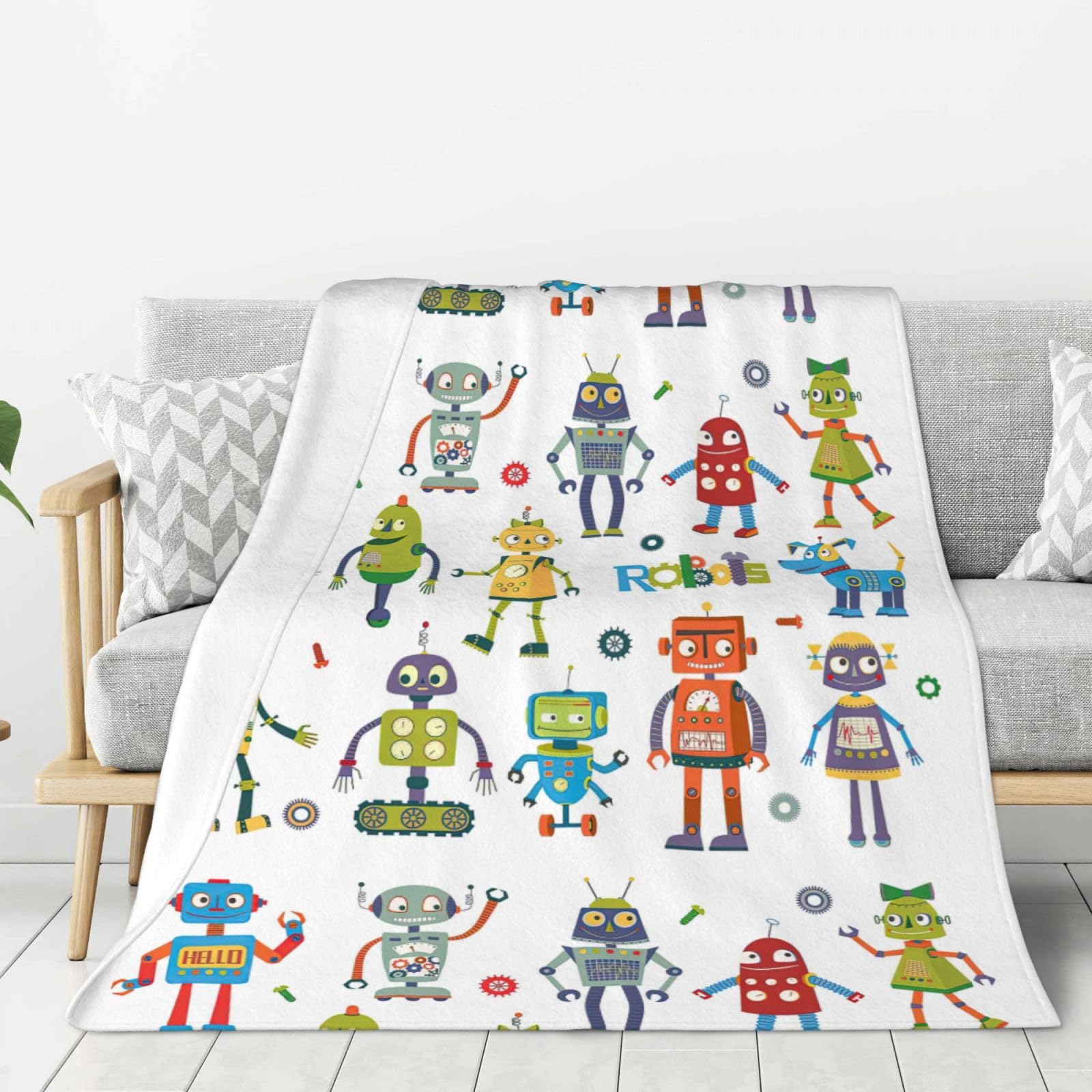 Couverture flanelle robot pour lit et canapé - Plaid enfant doux