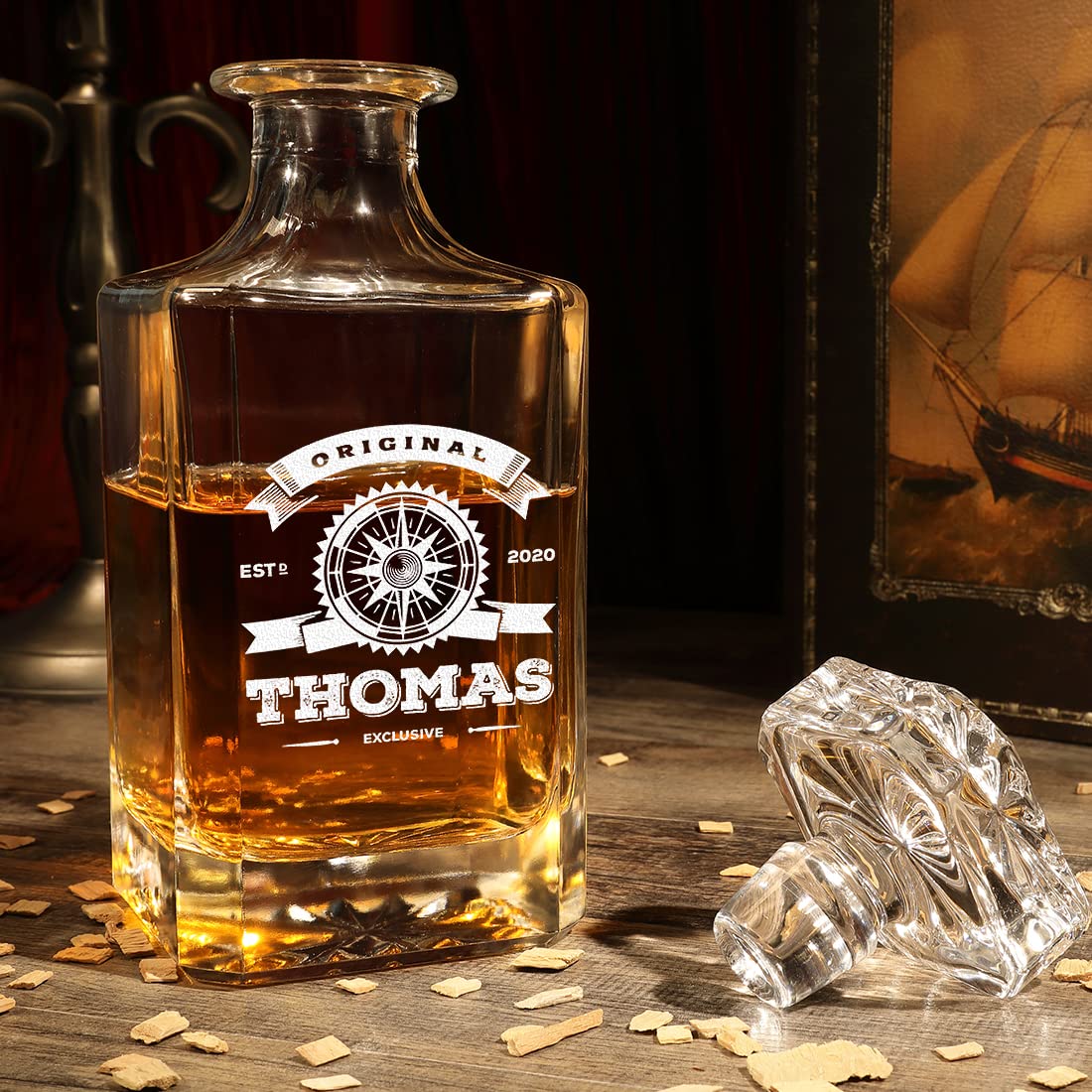 polar-effekt Lot de 2 carafes à whisky avec gravure personnalisée Motif boussole originale avec 1 verre à whisky 320 ml – Verre cristal – Carré – Gentleman – Drink – Anniversaire, Noël