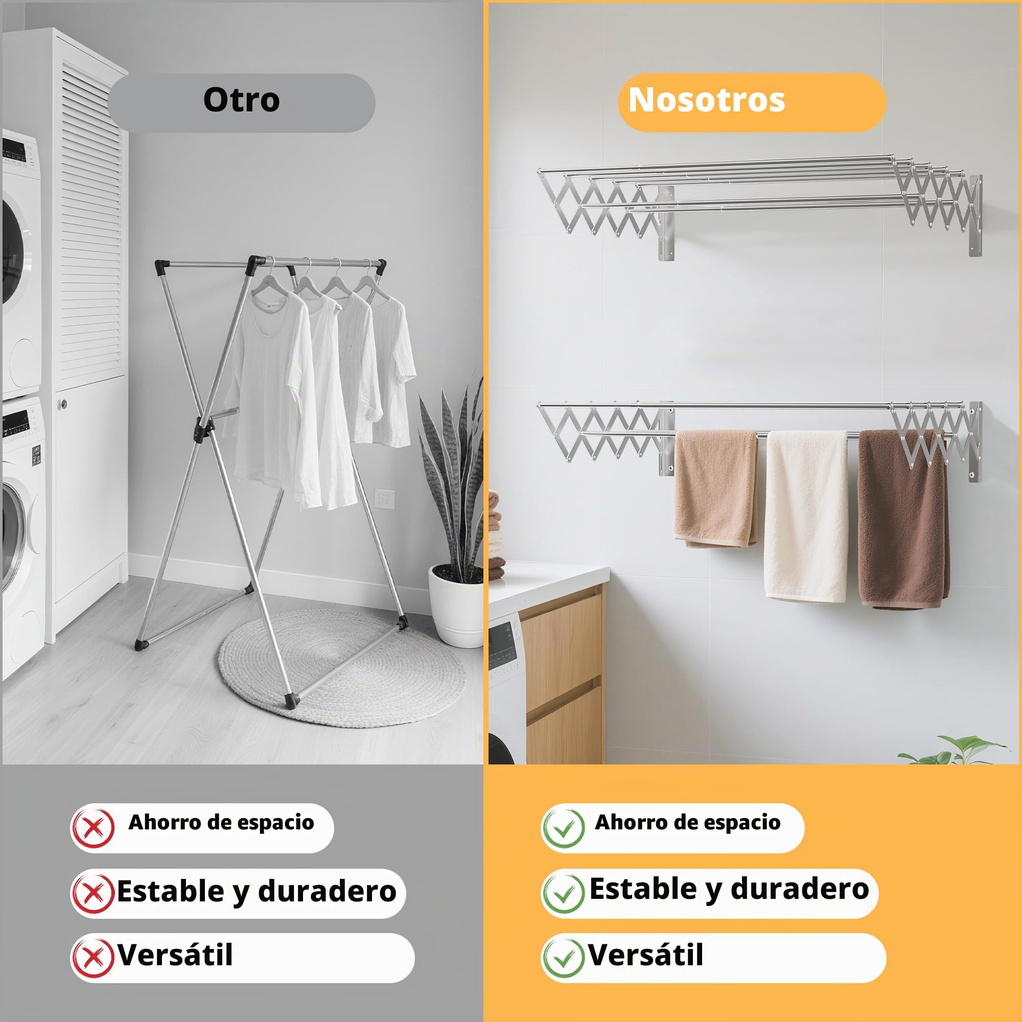 OUUTMEE Tendedero de pared de acero inoxidable extensible, área telescópica frontal y trasera: 12~68cm, con siete varillas de tracción, capacidad de carga 7.5kg (Plata)