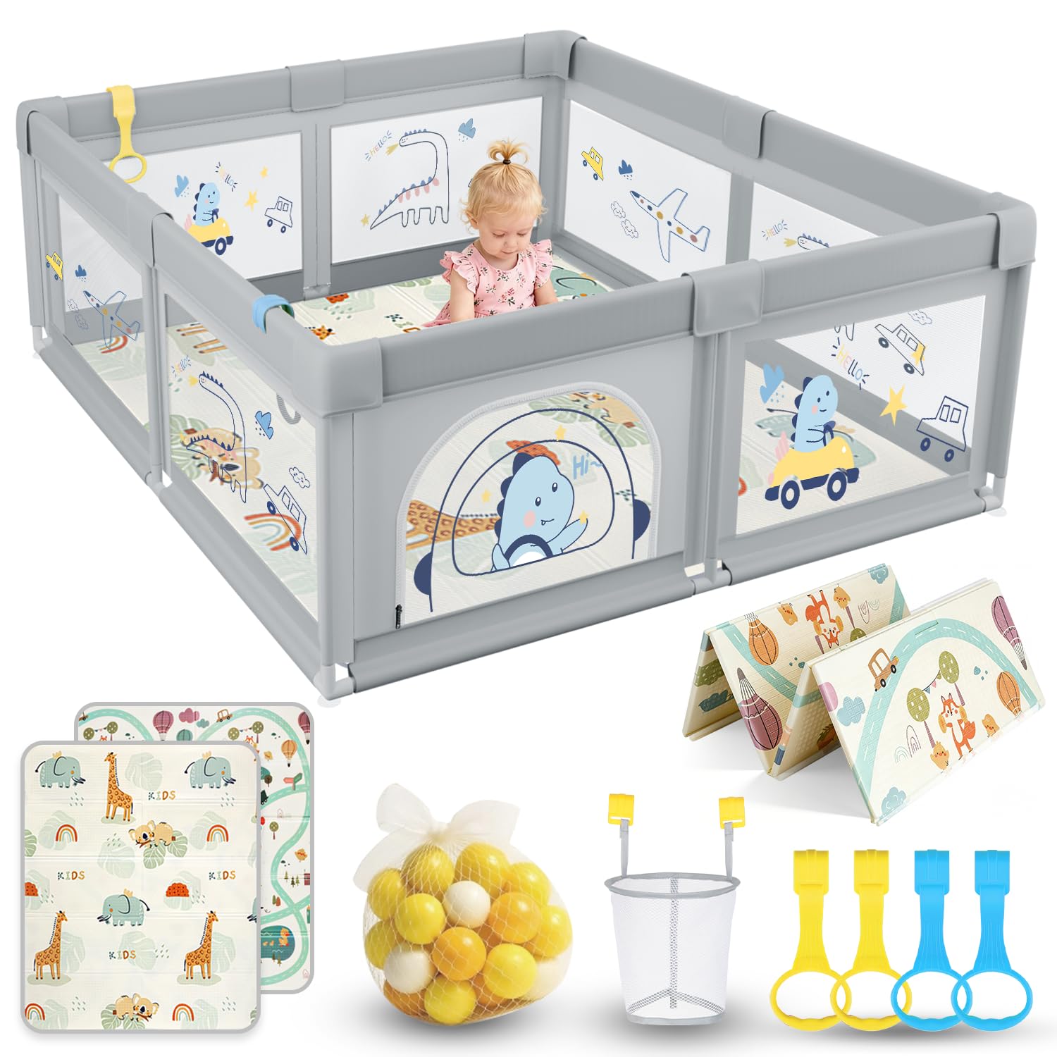 SOFTHOM Box Bambini 150x180 con Tappeto, Recinto per Bambini con 360° Rete Traspirante, Tessuto Oxford, Laterali con Zip, Antiscivolo Robusta Centro Attività, 60 Palline, 4 Maniglie, Dinosauro grigio