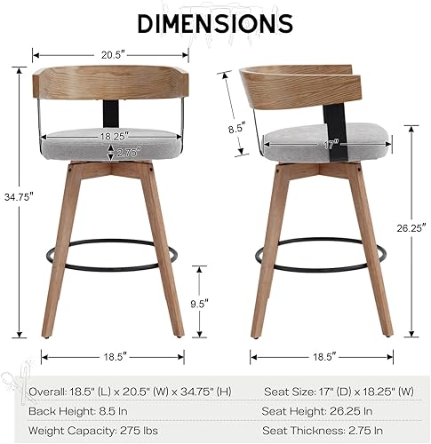 Miniatura 2 de HEAH-YO Juego de 2 taburetes de bar giratorios de 26 pulgadas de altura de mostrador con respaldo de barril, gris, estilo moderno de mediados de