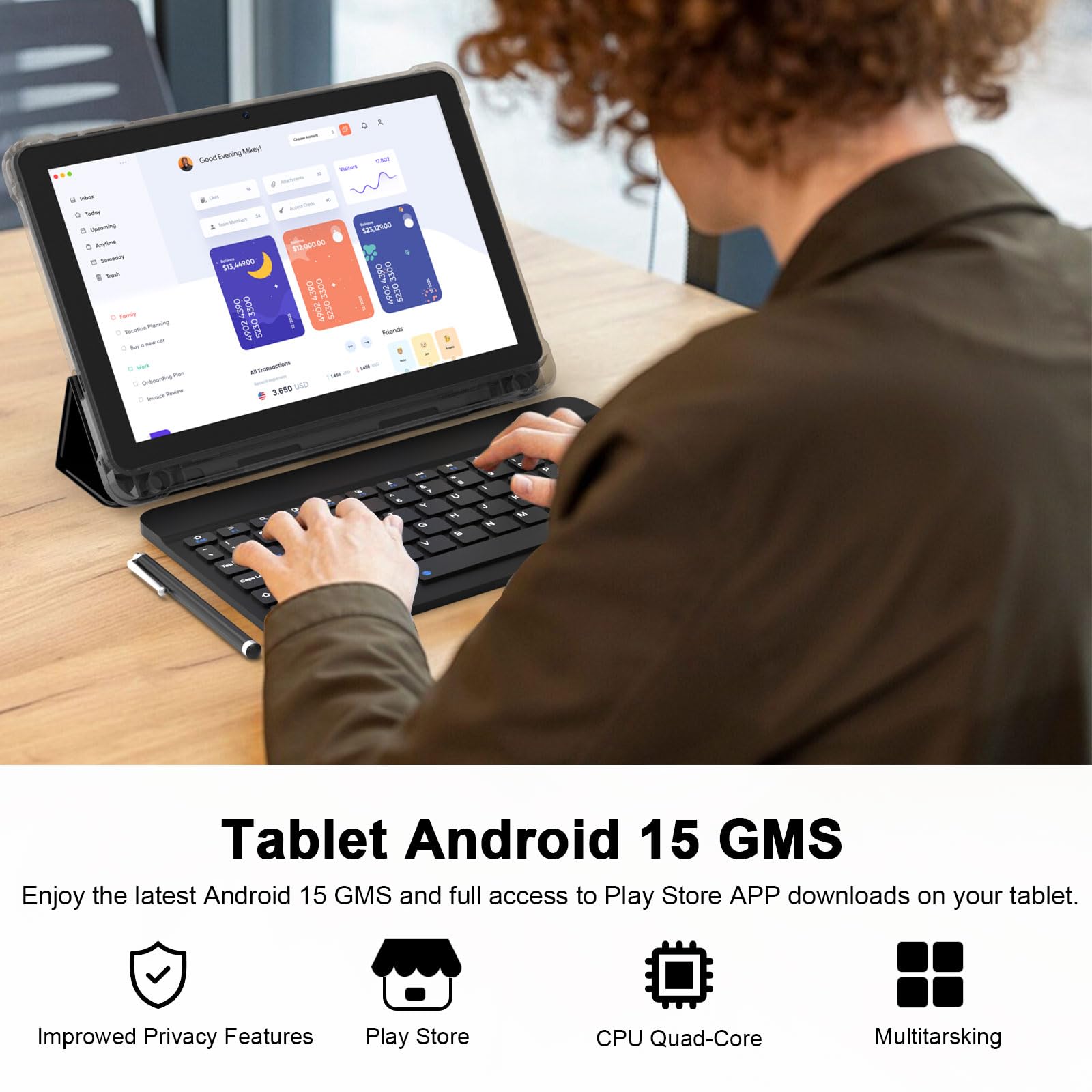 Android 15 Tablet 10 Inch, 20GB RAM+128GB ROM/2TB Expandable, 2 in 1 Tablets with Keyboard Case Mouse Stylus, 2.0GHz Quad-core Processor, 1280*800 IPS HD Screen, 5G WiFi 6 BT 5.0, 8MP Camera Tablet PC