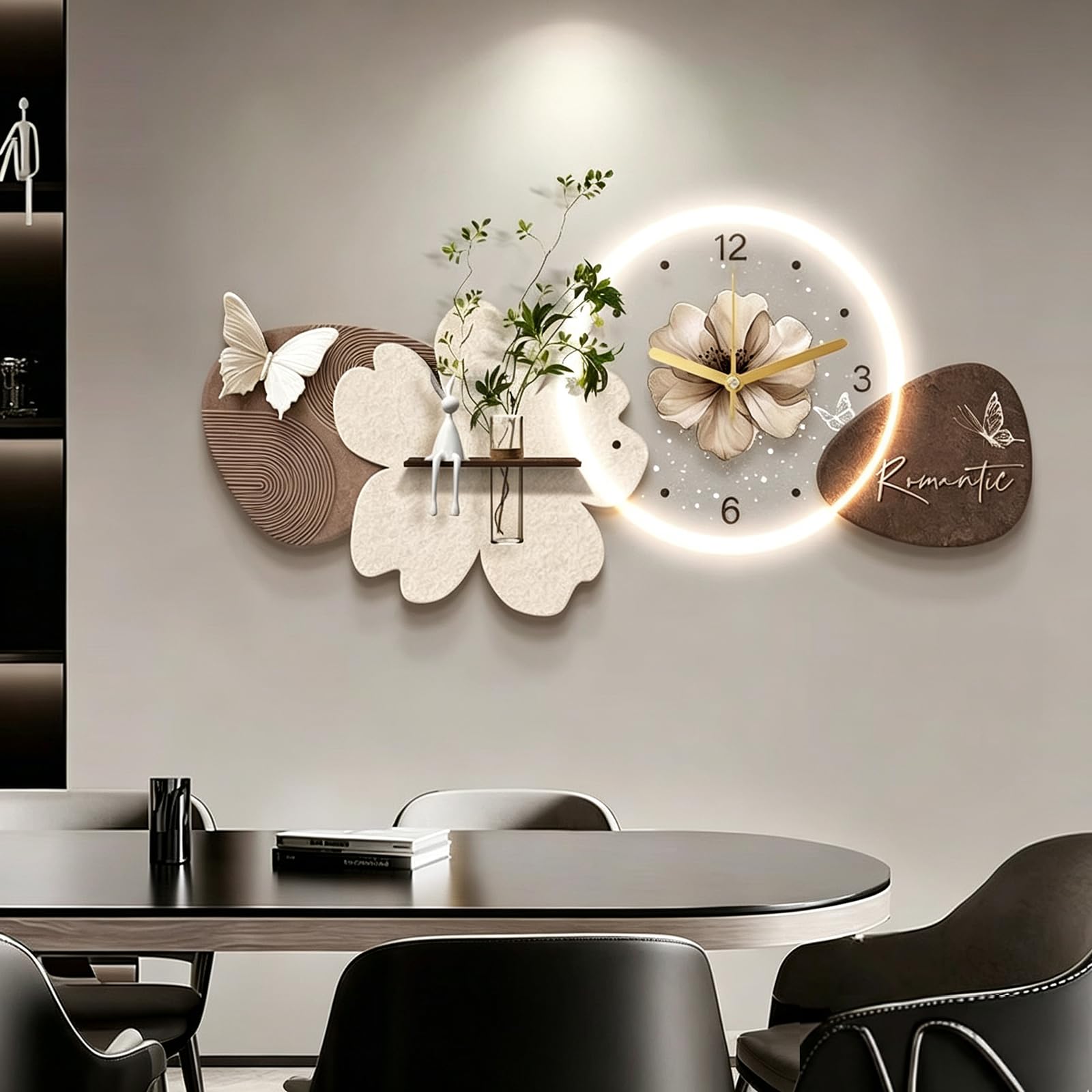3D Wall Art Decor with LED Lights, Flower Butterfly Wall Clock with Plant Vase, Modern Sandstone LED Wall Decor for Living Room, Entryway,Dining Room Home Decor Gold-A 23.6×47.2 in（60×120 cm ）