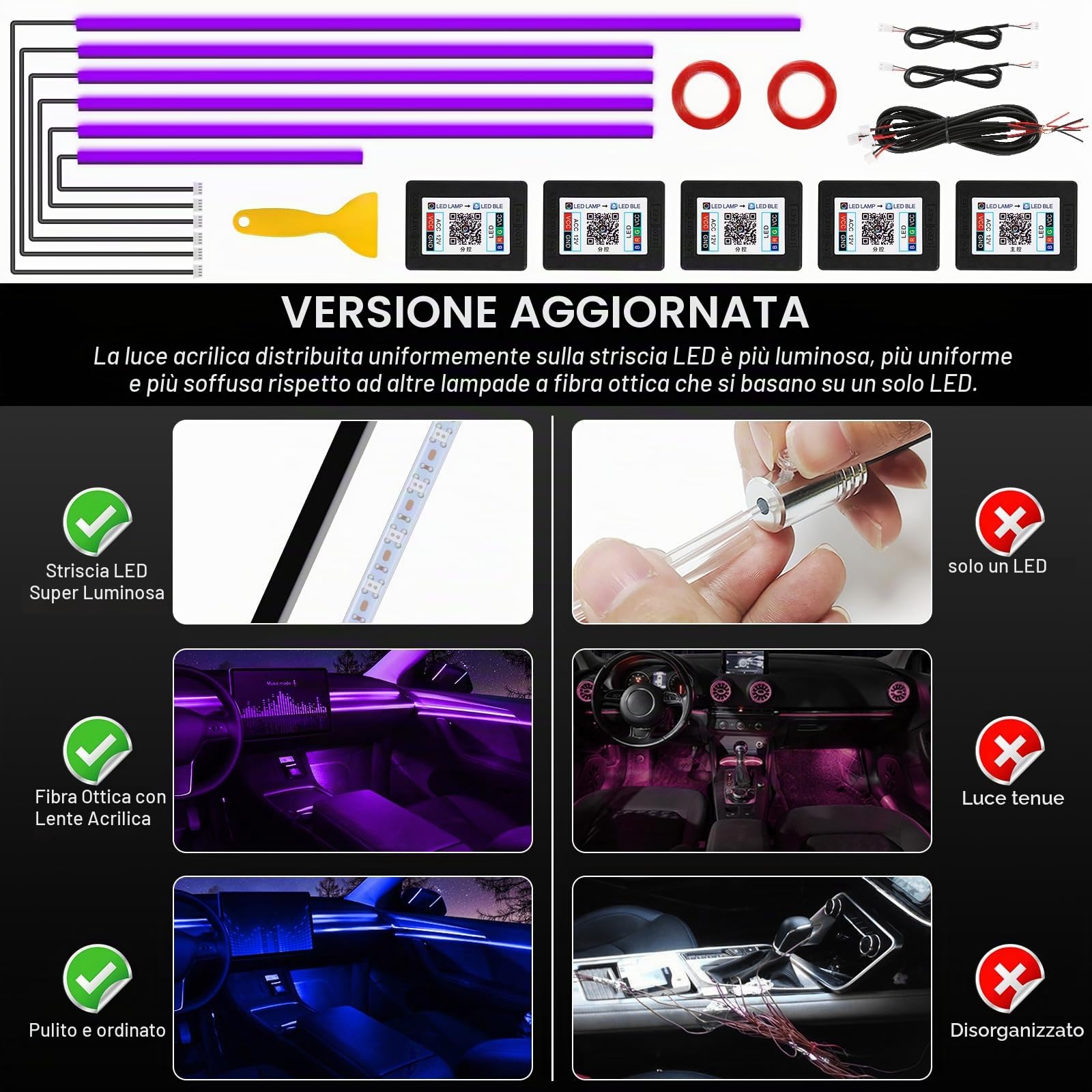 Striscia LED interna per auto in acrilico con APP wireless, accessori per auto 6 in 1 con 145 cm 593 LED, kit di illuminazione ambientale per auto in fibra ottica, striscia LED neon RGB con