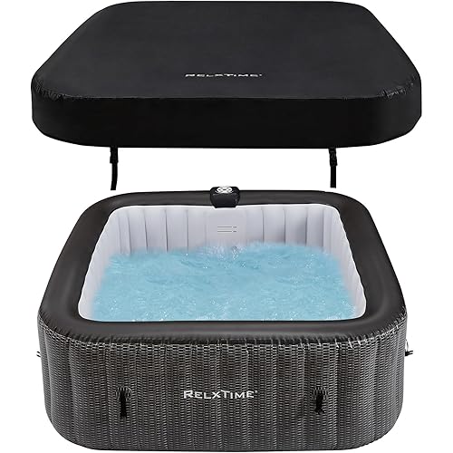 Inflatable Hot Tub 4-6 Person Square, Portable Outdoor Hottub Spa with 130 Air Jets, Built in Heater Pump, Blow Up Tub for Relaxation, 2 Filters, Black
