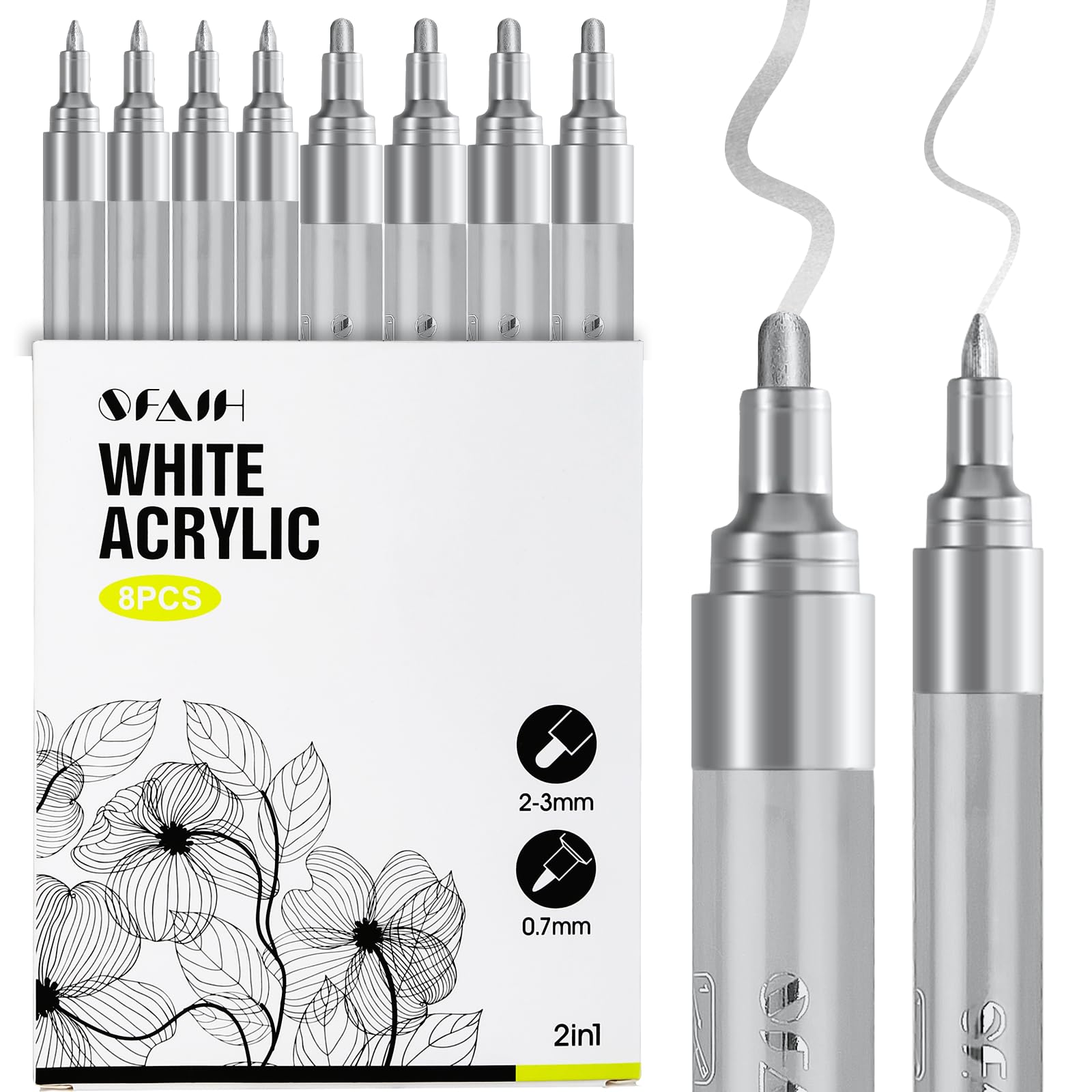 SFAIH Acrylic Silver Paint Pens - Pack of 8 2-3MM Medium Tip and 0.7MM Extra Fine White Paint Marker for Rock Painting, Wood, Metal, Fabric, Canvas, Glass, Ceramic, DIY Crafts