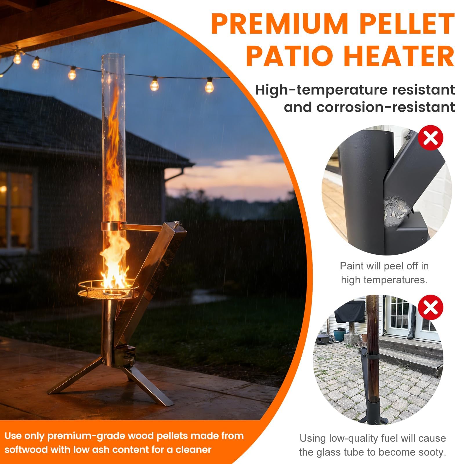 Tubo de fuego, columna de fuego de acero inoxidable y antorcha de pellets para un gran ambiente de fuego, cepillo de limpieza, incluye
