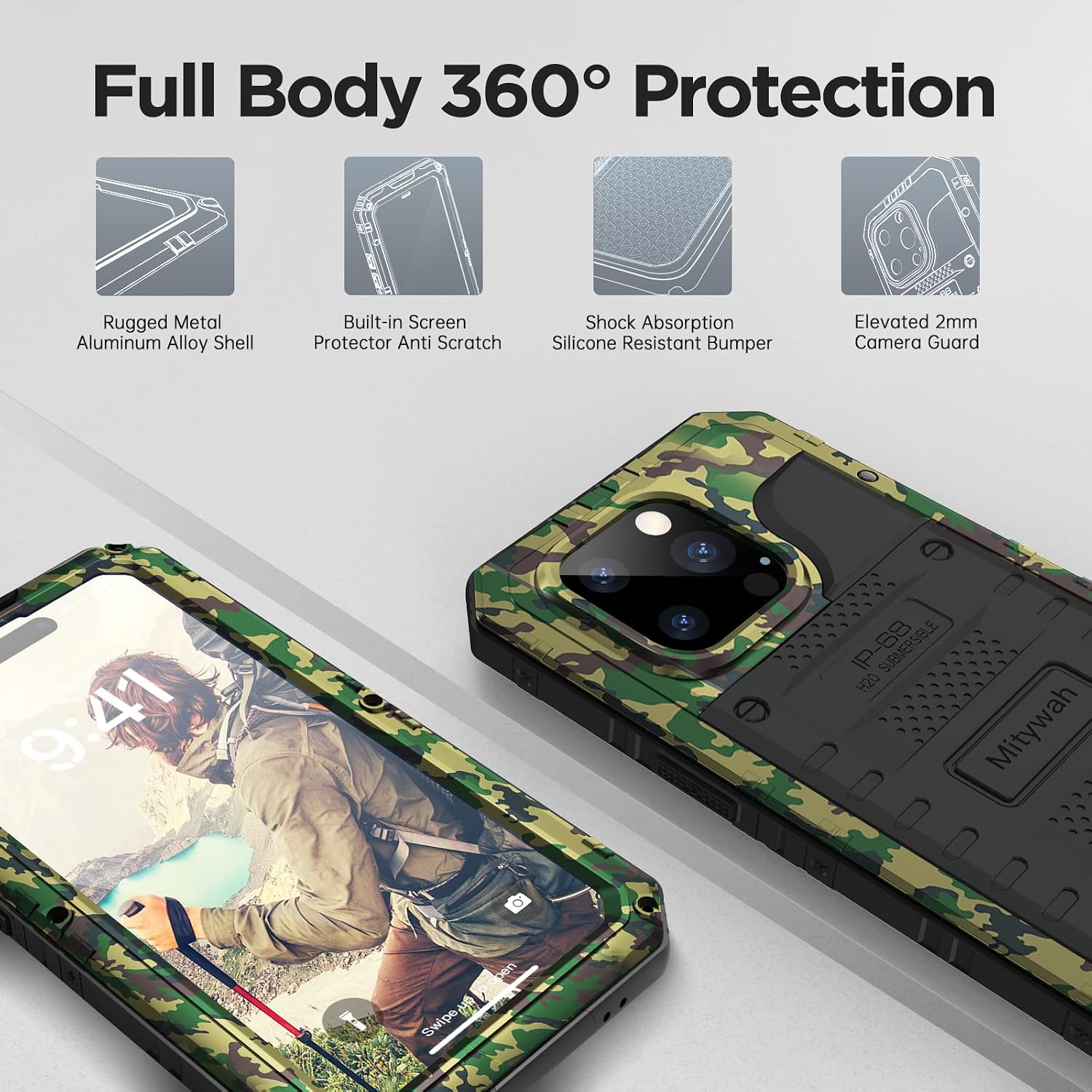 Mitywah Waterproof Case for iPhone 14 Pro Max, Heavy Duty Shockproof Case with Built-in Screen Protector, Full Body Underwater Protective Metal Case 6.7 inch, Camouflage