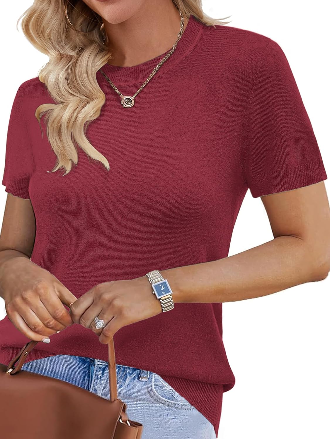 Womens Short Sleeve Sweater Fall 2025 Business Casual Outfits Crewneck Lightweight Thin Sheer Knit T-Shirt Top - Image 2