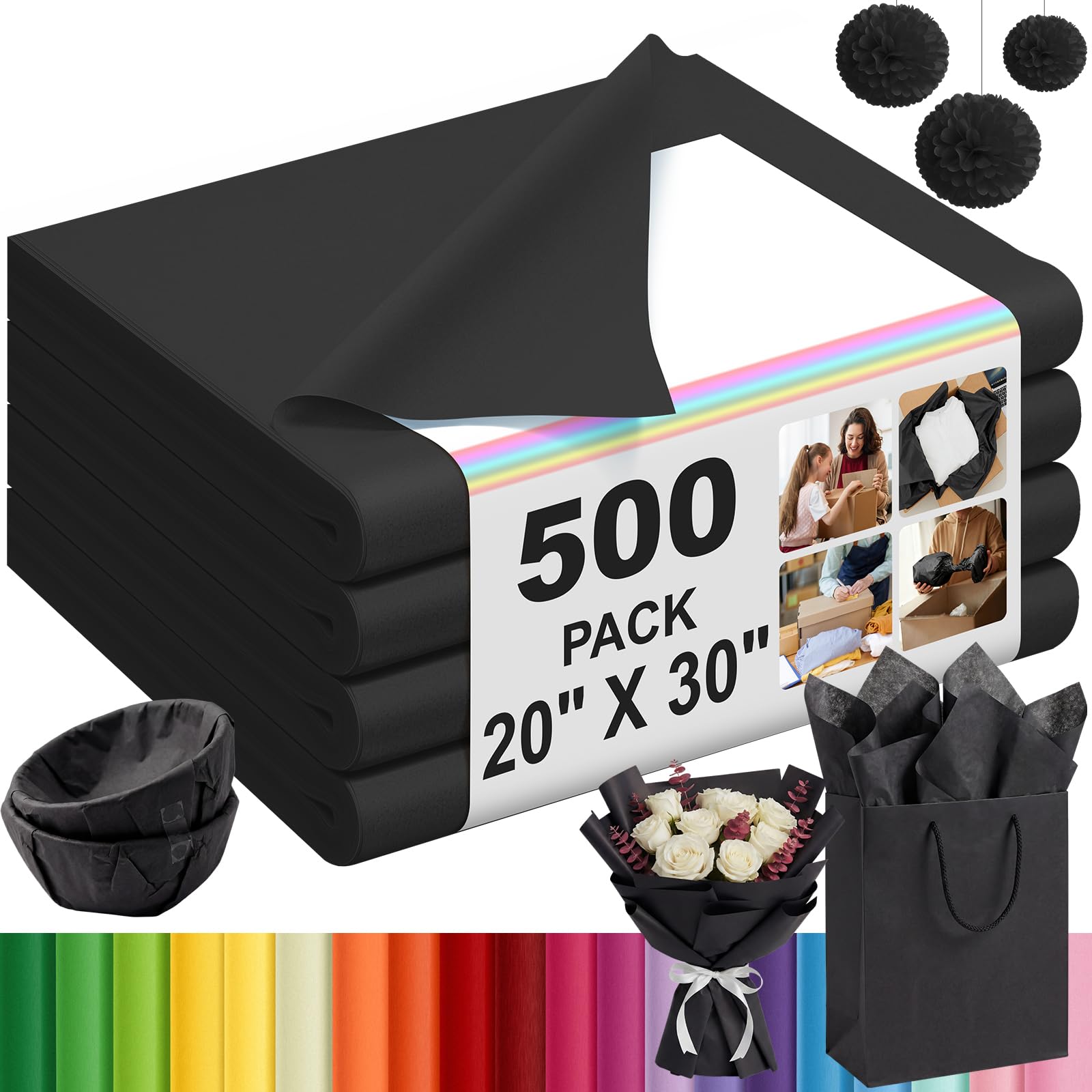 Qilery 500 fogli di carta velina nera per sacchetti regalo, 50 x 76 cm, senza acidi, per decorazioni di nozze, artigianato fai da te, imballaggi per traslochi, feste di nozze