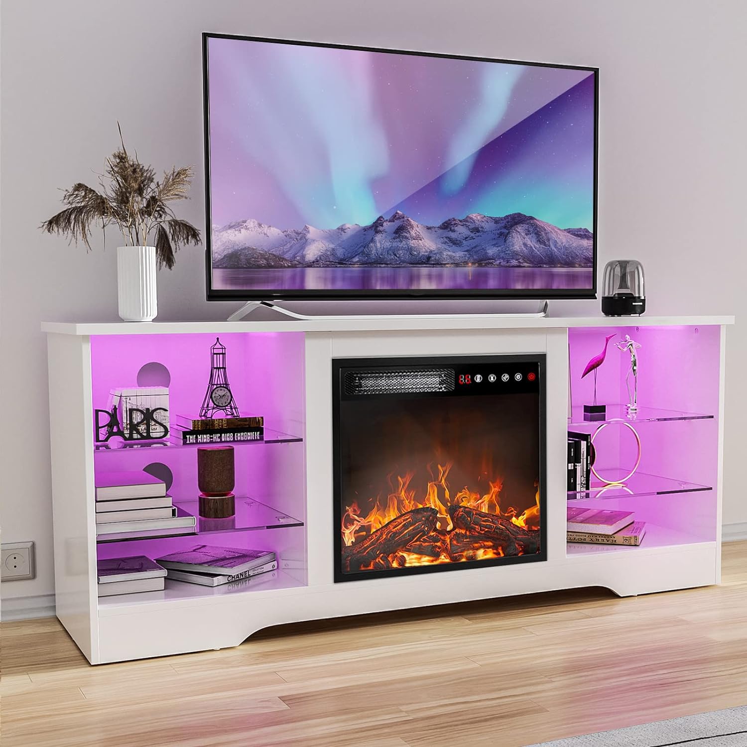 TAVATA Fireplace TV Stand with 18" Fireplace, Modern Entertainment Center for TVs up to 65 inch, Media TV Console for Living Room with Led Lights,