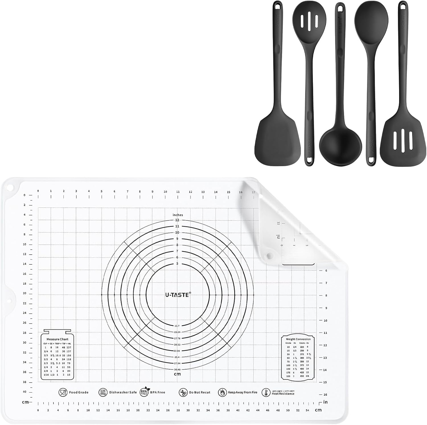 U-Taste 600ºF Heat Resistant Silicone Turner Spoon Cooking Utensils Set of 5, and 20inx28in Large Silicone Pastry Mat Food-Grade Non-Stick Dough Rolling Mat (Black+Transparent)