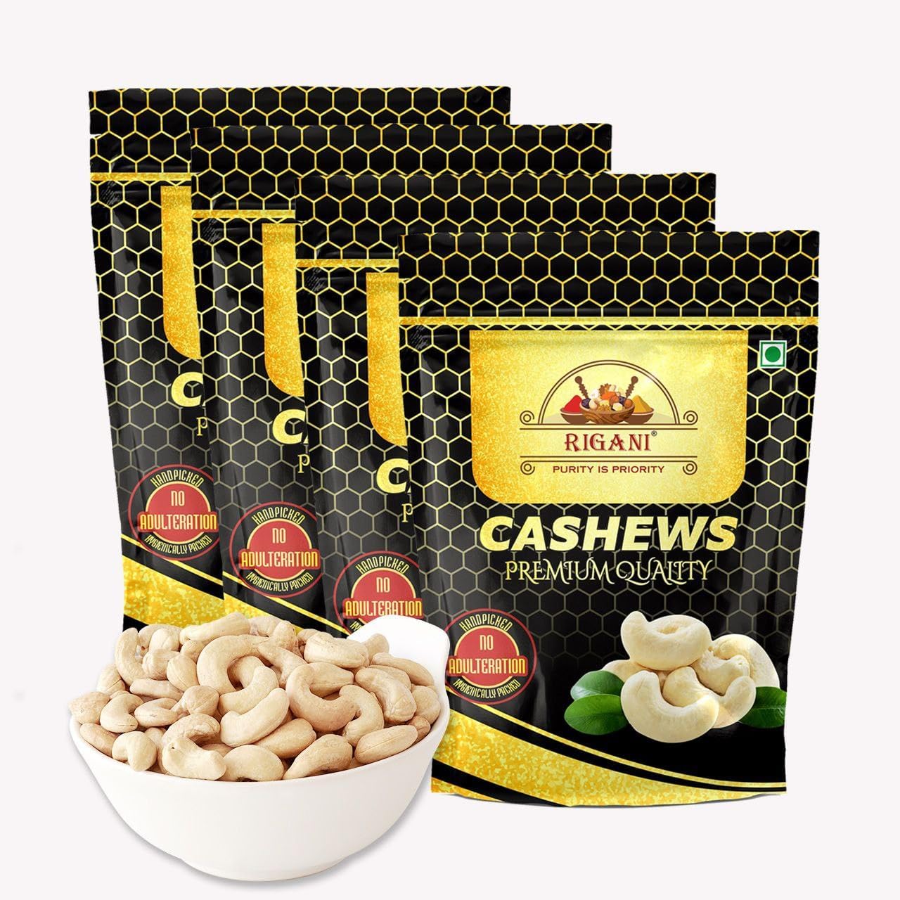Rigani Premium Whole Cashews Jumbo Size (Kaju) W240-250g pouch | Raw, Nutritious and Crunchy Kaju | High Fibre, Rich in Protein and Vitamins | 250g*4 - Pack of 4