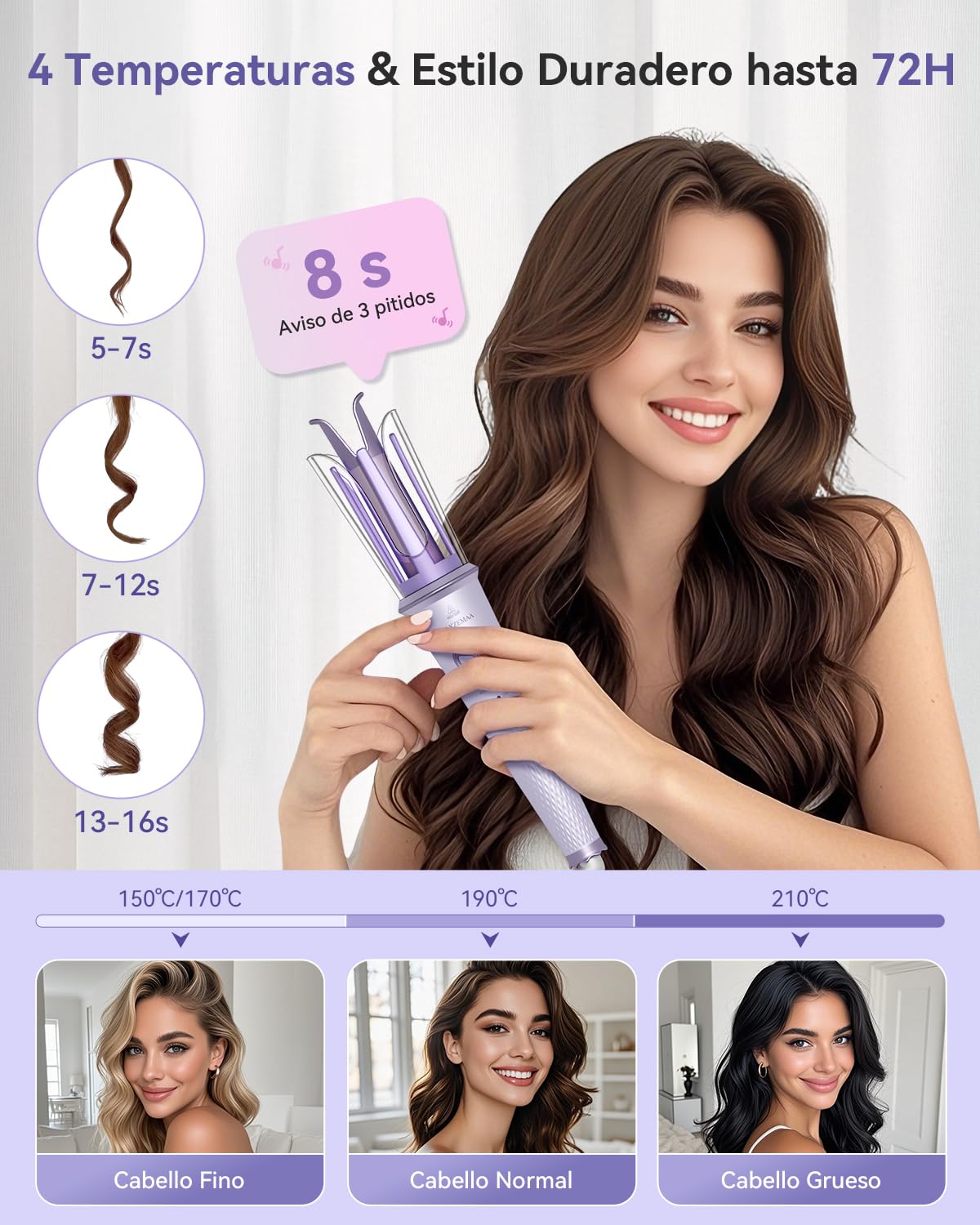 Rizador de Pelo Automático Cerámico de 25mm para Cabello Largo, 4 Temperaturas Ajustables, Protección Anti-Quemaduras, Calentamiento Rápido, Doble Voltaje Portátil