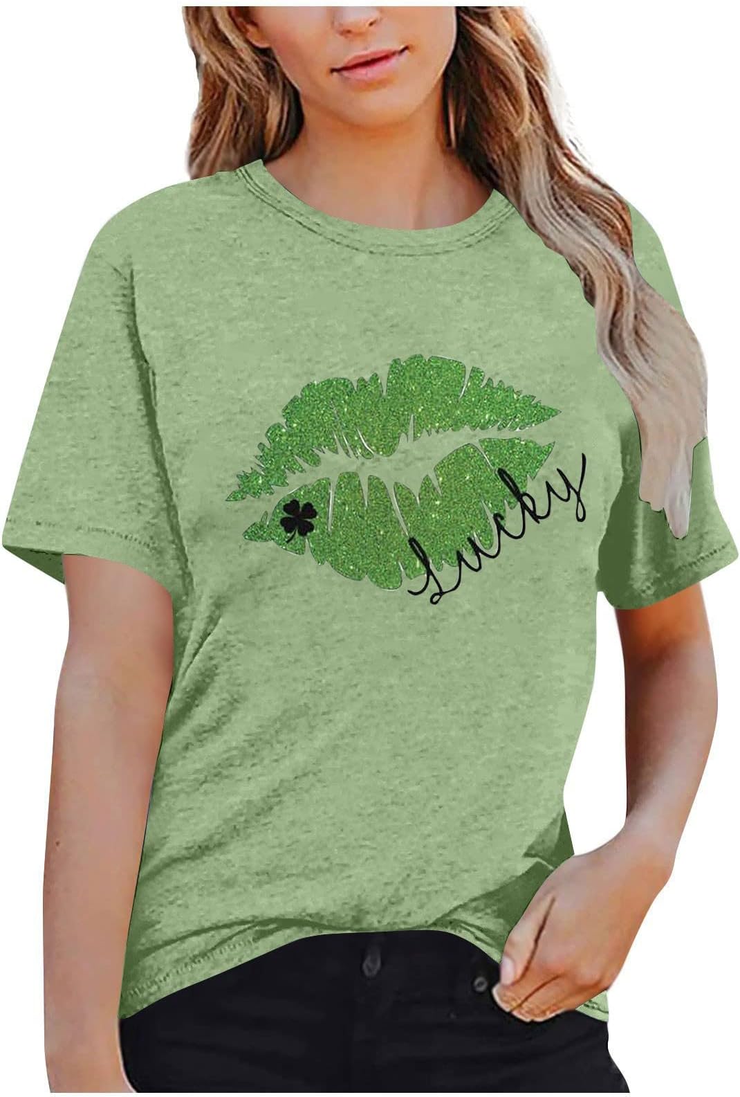 Womens 2023 Summer St. Patrick's Day Print Blouses Classic-Fit Round Neck Tops Temperament Short Sleeve T Shirt