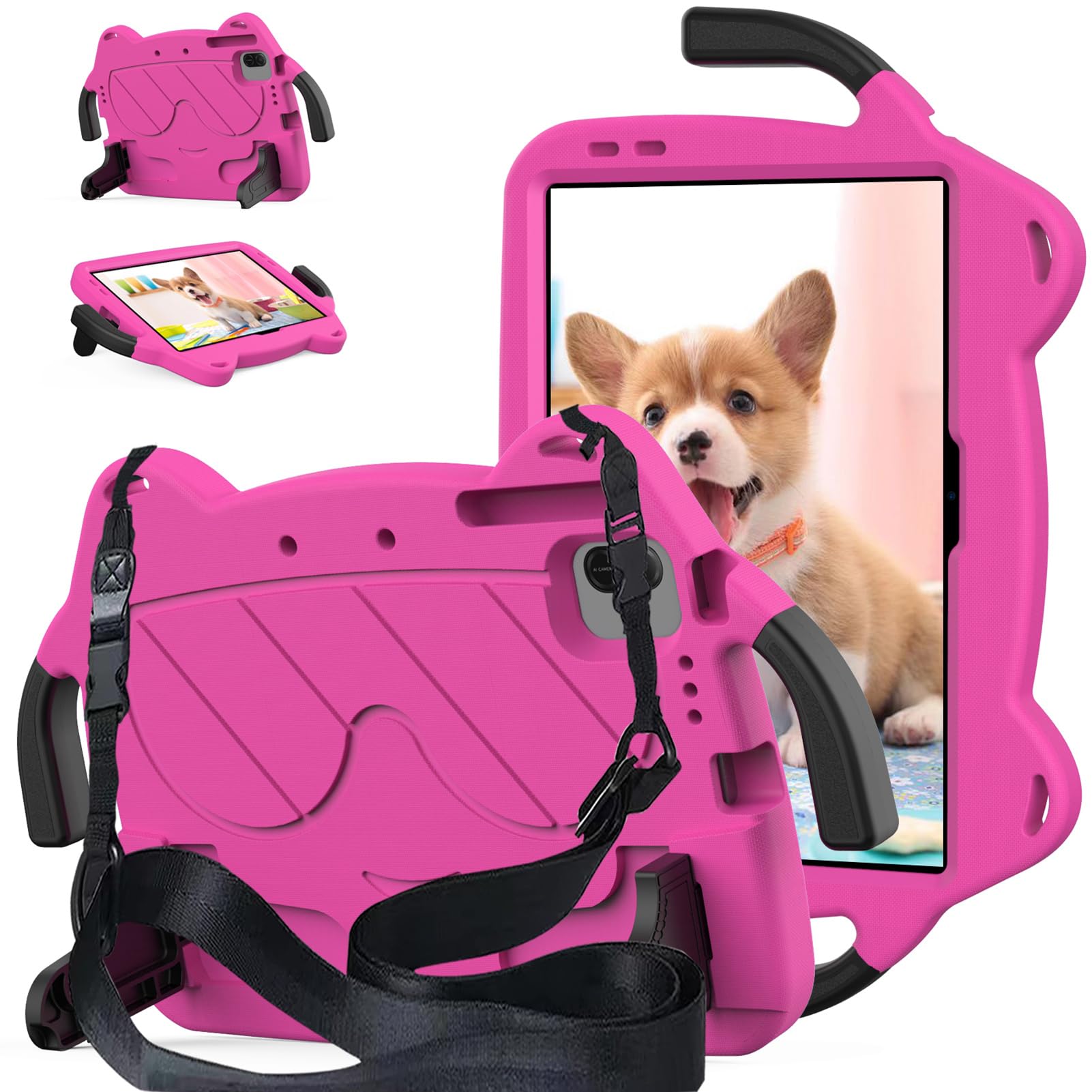 Kids Case Compatible with Honor Pad X8a 11 Inch 2024, Shockproof Rugged Protective Cover with Handle Stand, Shoulder Strap, Rose Black