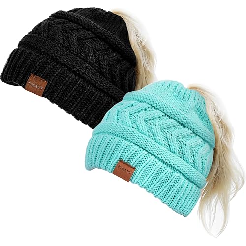 Pukavt 1&2 Pack Winter Hat Ponytail Beanie Hat for Women, Soft Stretch Cable Knit Messy Bun Beeanie,Trendy Gifts for Women