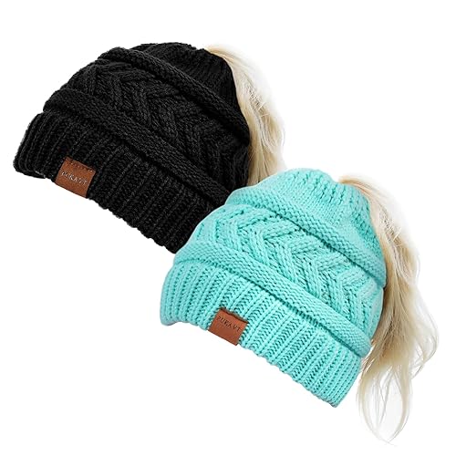 Pukavt 1&2 Pack Winter Hat Ponytail Beanie Hat for Women,