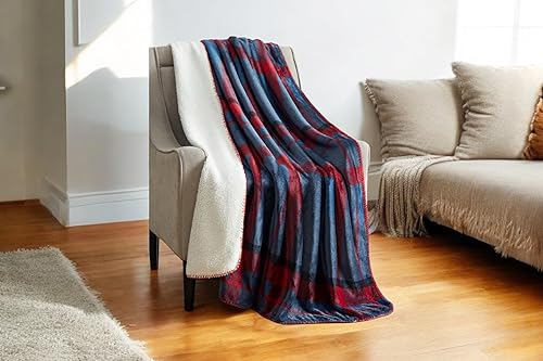 Vista 4 de Serafina Home Manta de franela de invierno Sherpa para vacaciones: diseño a cuadros de tartán rojo y azul, forro polar mullido, felpa cálida, acento