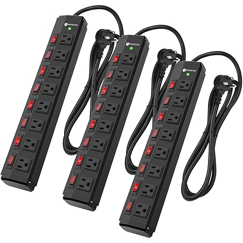 3PCS 8 Outlet Heavy Duty Power Strip with 8 Individual Switches,Moutable Metal Power Strip Surge Protector 1200 Joules,6FT 14AWG Extension Cord,15A 1800W 125V 60Hz - 6FT Cord(3PCS) - Black
