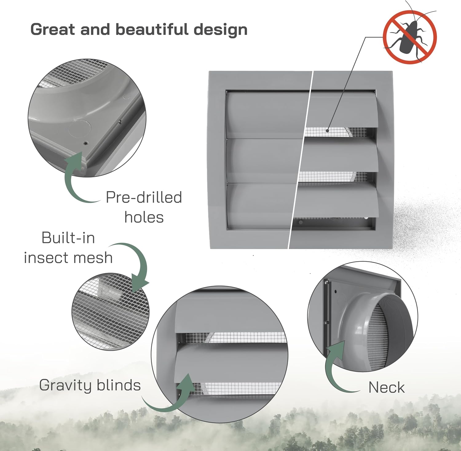 Vent Systems 4" Inch Gray Plastic Vent Cover – Weather-Resistant Louvered Exhaust Outlet with Flap and Built-in Mesh Screen for Bathroom and Kitchen Exhaust, Garage, Office, HVAC System – Outdoor Use