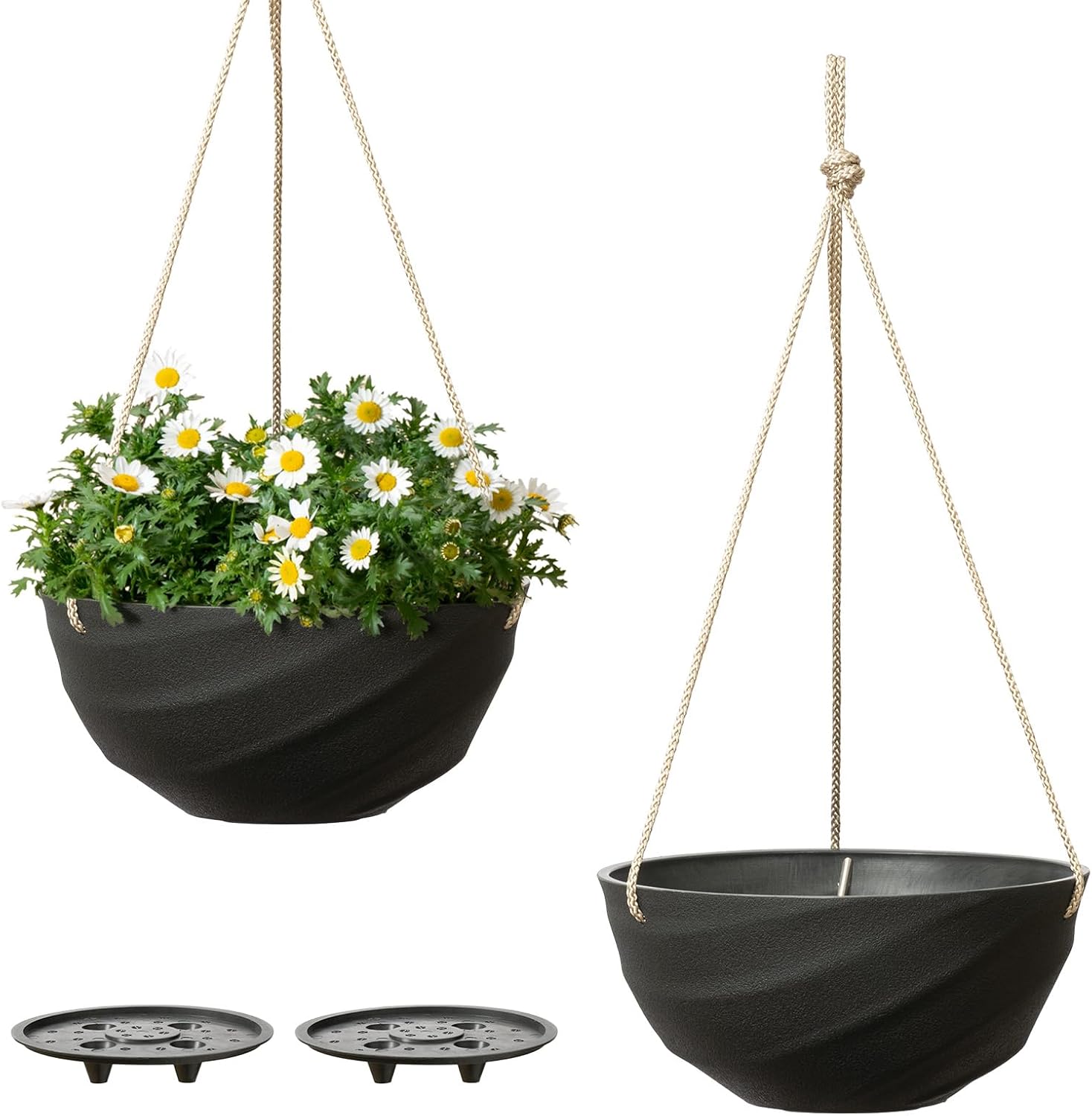 La Jolie Maison 10 Inch Hanging Planters for Indoor Plants, Outdoor Garden Planter Pots with Self-Watering Tray, Jet Black, Spiral Pattern, Set of 2