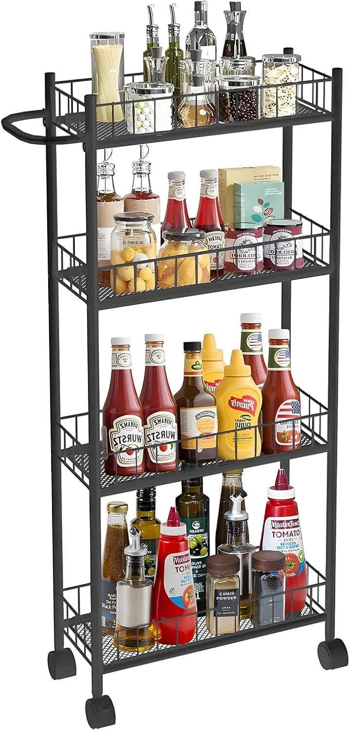 Utility Slim Storage Cart,6 Tier Narrow Kitchen Storage Cart,Laundry Room Carts,for Kitchen,DiningRoom,Living Room,Home Office,Rustic Brown and Classic (6 Tier Black)