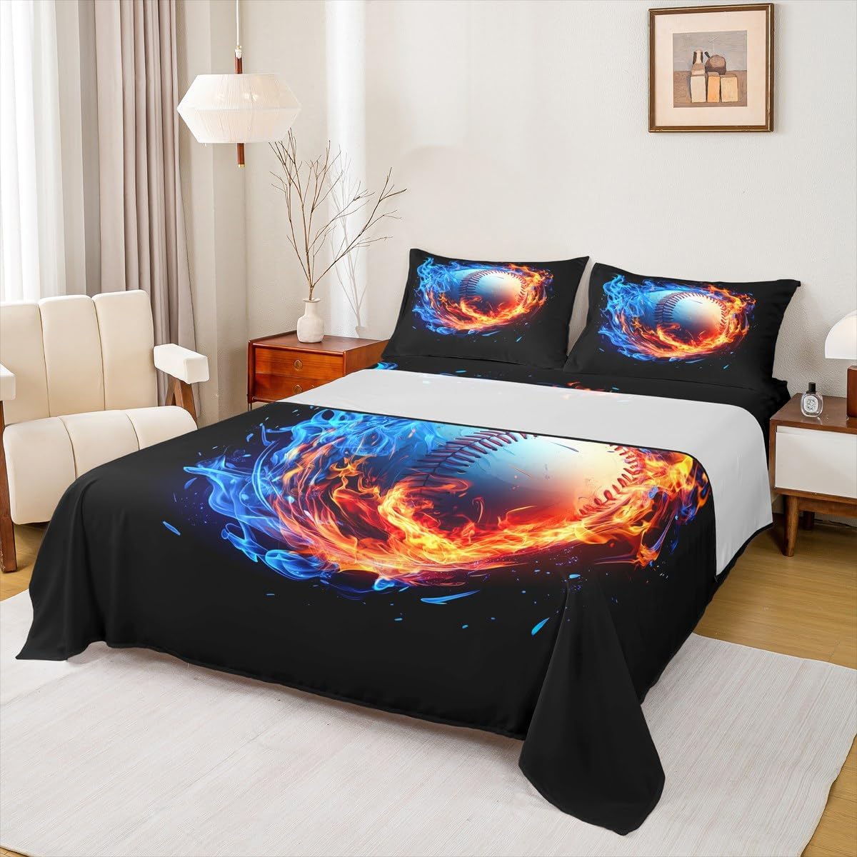 jejeloiu Baseball Bedding Set Twin Size Kids Fire and Ice Fitted Sheet for Boys Girls Teens Sports Game Bed Sheets Set Breathable Soft Lightweight Baseball Gaming Room Decor