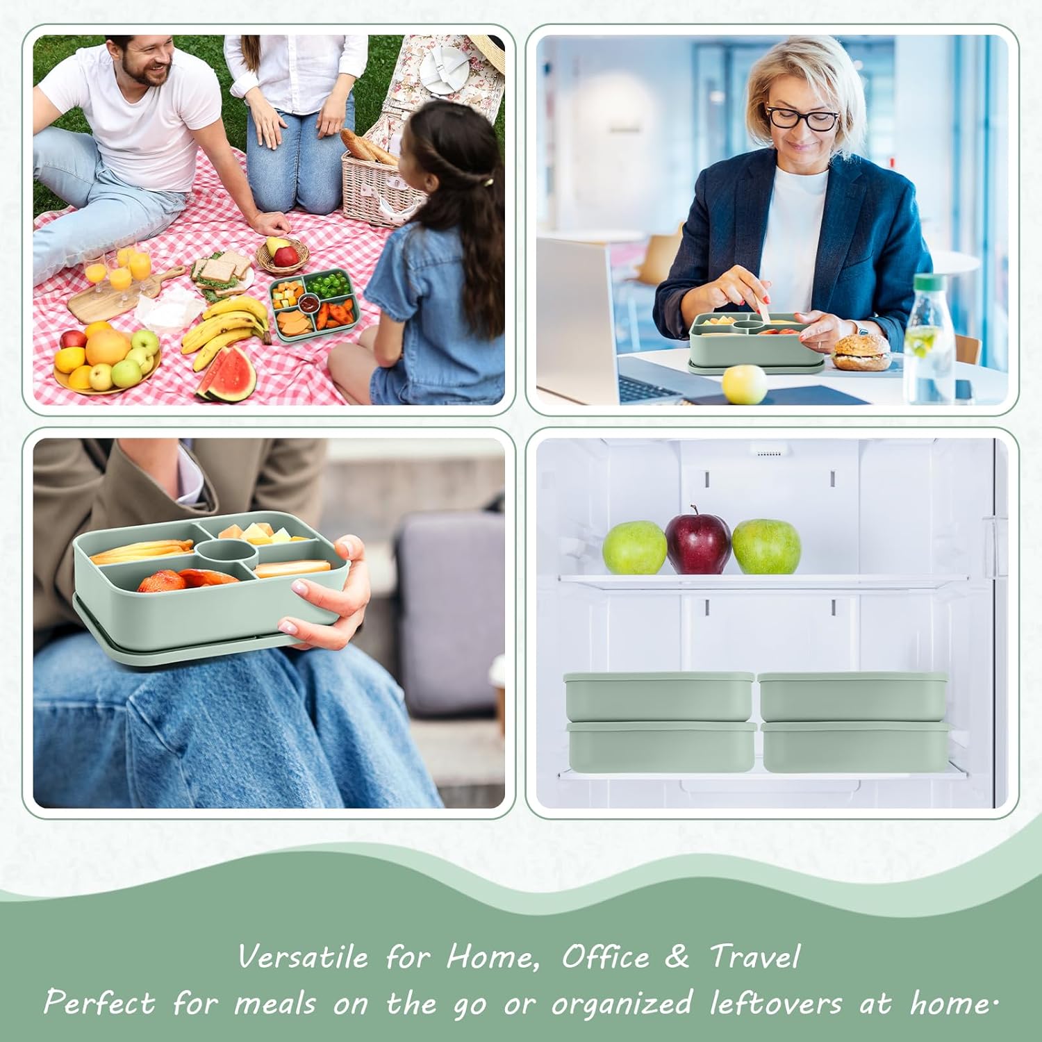 4 Pack Silicone Bento Boxes for Adults, 5 Compartment Reusable Lunch Containers with Sauce Section, Leakproof Meal Prep Snack Box Microwave & Dishwasher Safe for Office(Green)