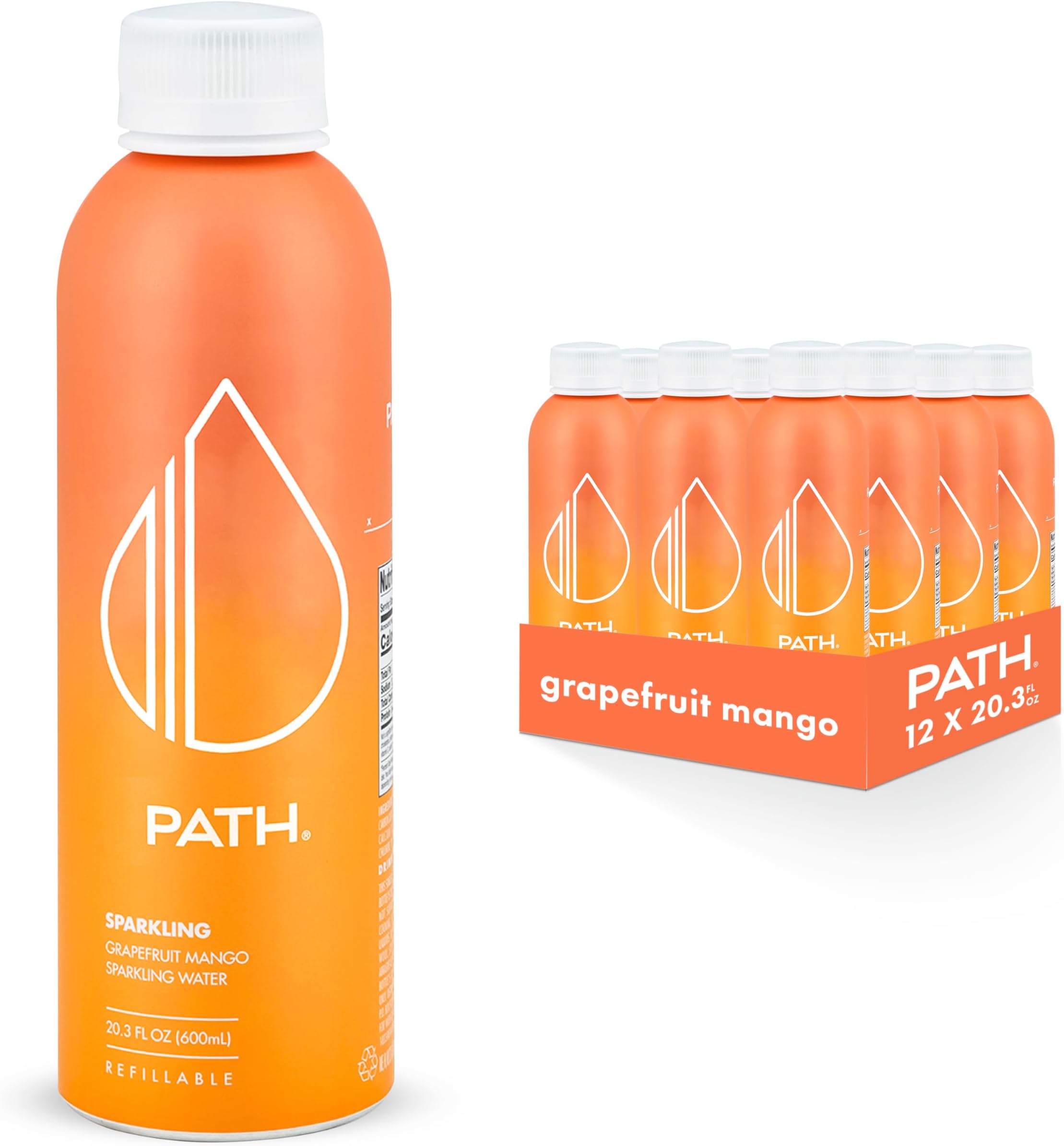 PATH Grapefruit Mango Flavored Sparkling Water - Ultra-Purified, pH-Balanced Carbonated Soda Water in Aluminum Water Bottle - BPA Free, Light, Reusable, Infinitely Recyclable 20.3 fl oz (Pack of 12)
