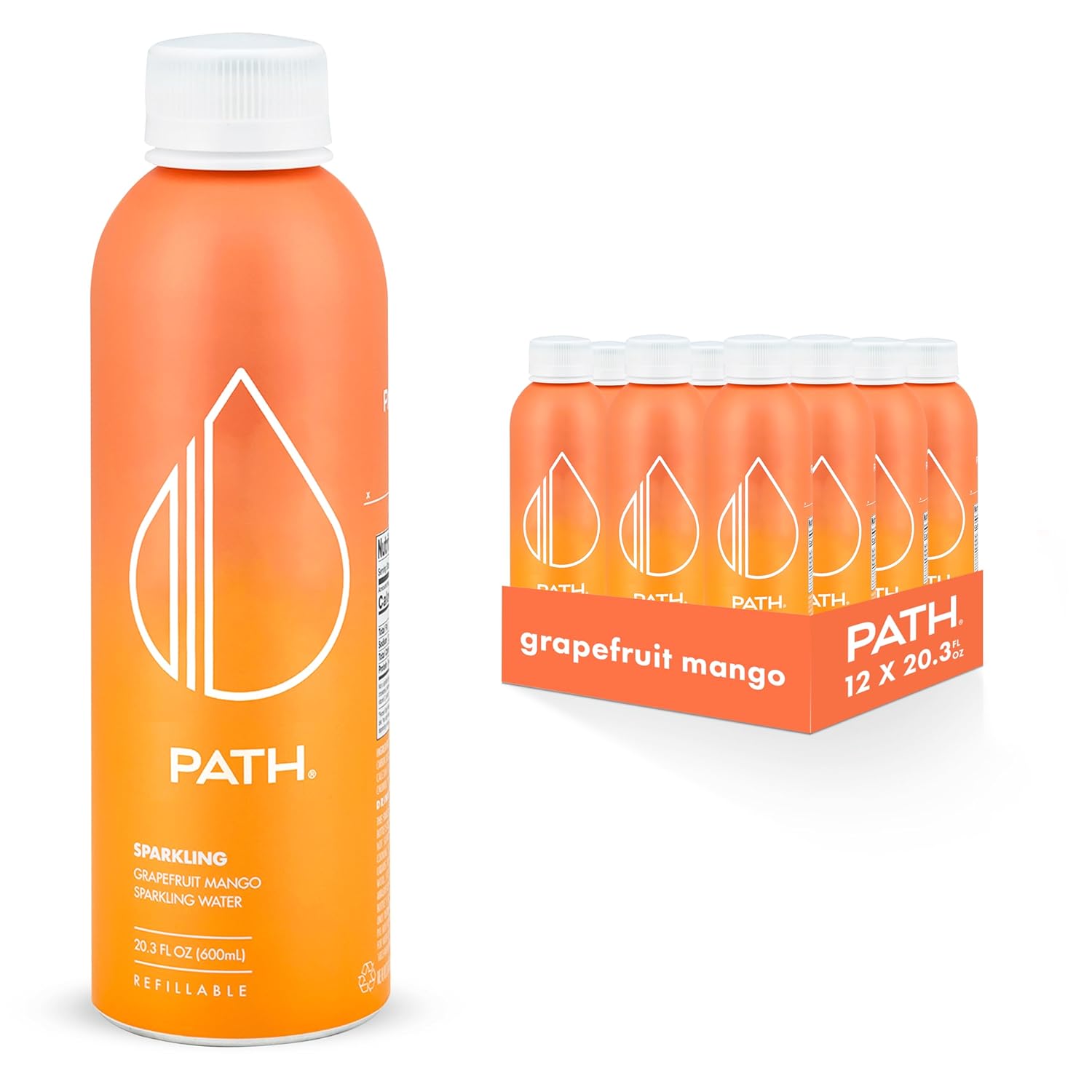 PATH Grapefruit Mango Flavored Sparkling Water - Ultra-Purified, pH-Balanced Carbonated Soda in Aluminum Water Bottle - BPA Free, Light, Reusable, Infinitely Recyclable 20.3 fl oz (Pack of 12)