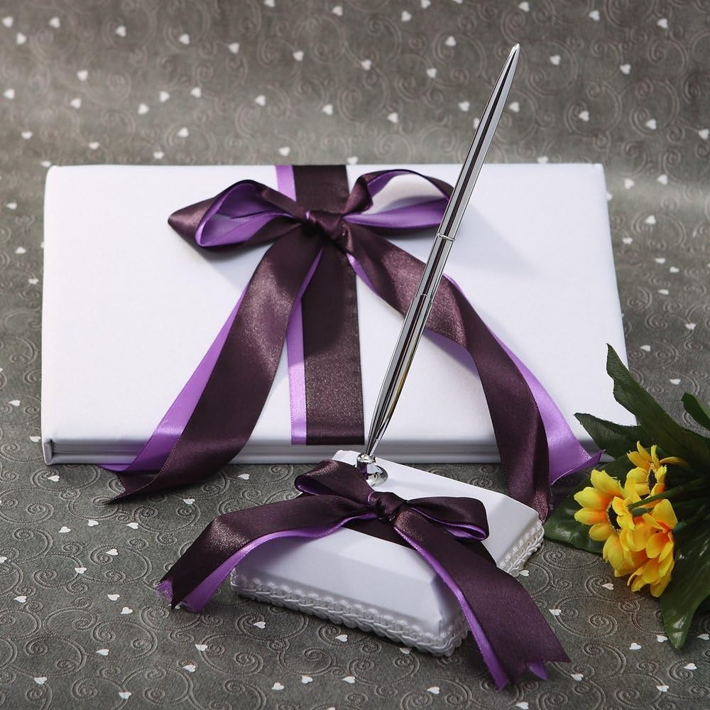 KateMelon 8.3-Inch Double Ribbon Knot Wedding Guest Book and Pen Set, Purple