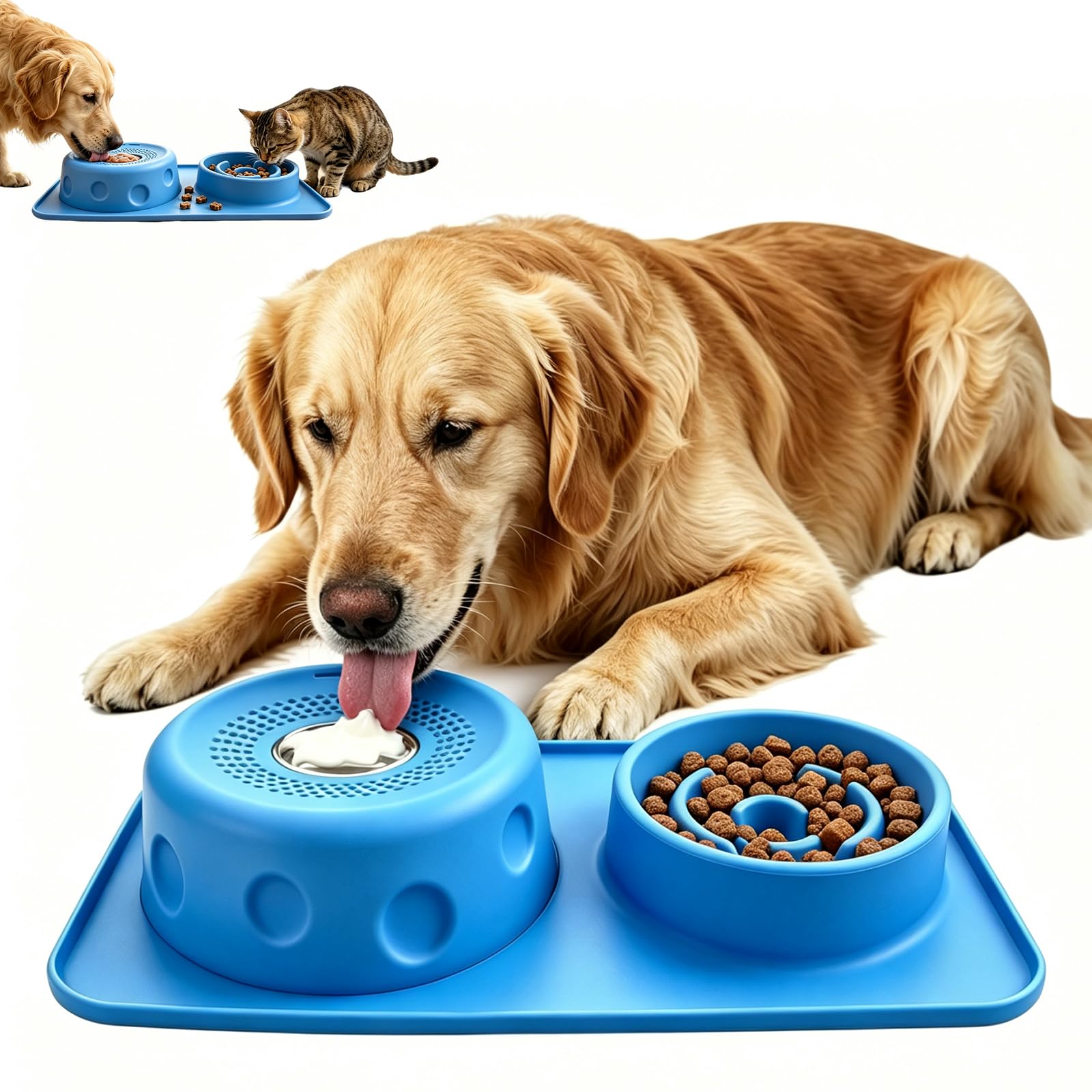 2-in-1 Slow Feeder Dog Bowl with Non-Slip Base – Interactive Puzzle Maze for Anti-Gulp Bloat Stop – Durable BPA-Free Plastic for Small Medium Large Dogs – Blue