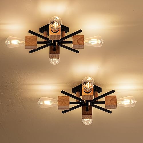 Miniatura 12 de Lámpara Sputnik de 4 Luces Negra de Montaje al Ras Luces de Techo Industrial de Madera 21" Luces de Techo Modernas Estilo Granja para Cocina Negro
