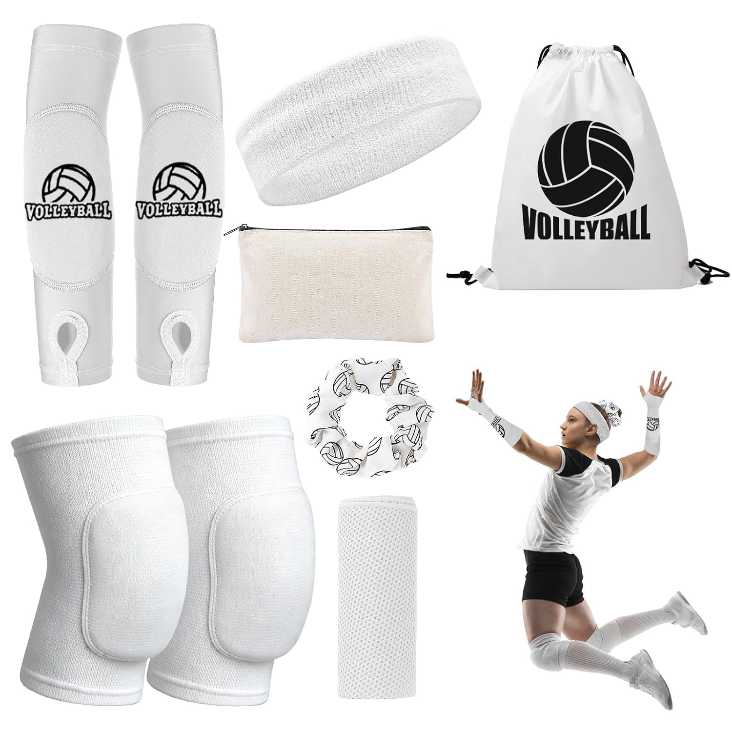 Volleyball Knee Pads Volleyball Arm Sleeves, UMACWIN Volleyball Accessories Set with Knee Pads Arm Pads Sweatband Scrunchie Makeup Bag Cooling Towel and Drawstring Bag for Women Girls
