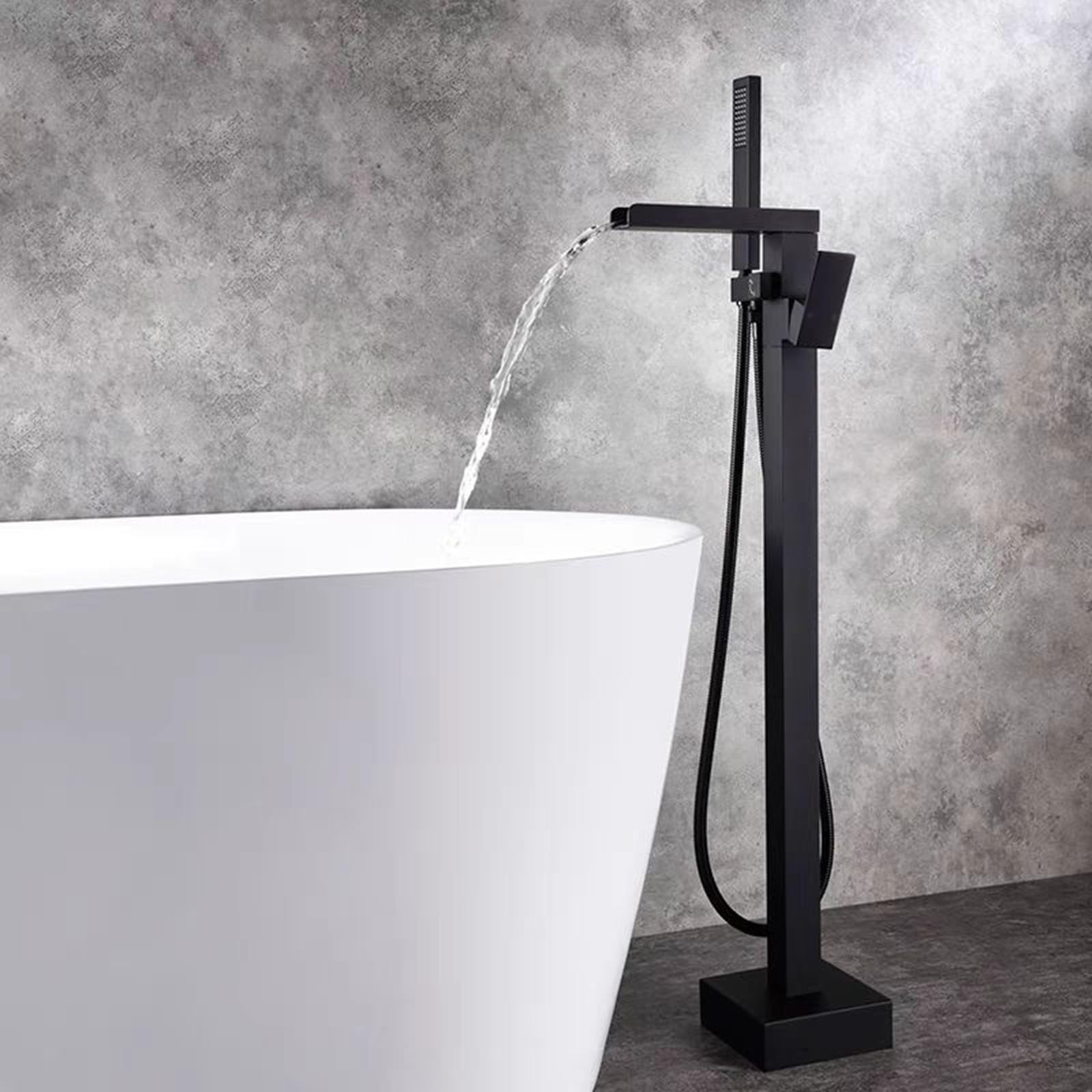HADECOLL Floorstanding Bath Tap Waterfall Hot And Cold Brass With Shower Freestanding Bath Taps Floor Mounted, Black,Black