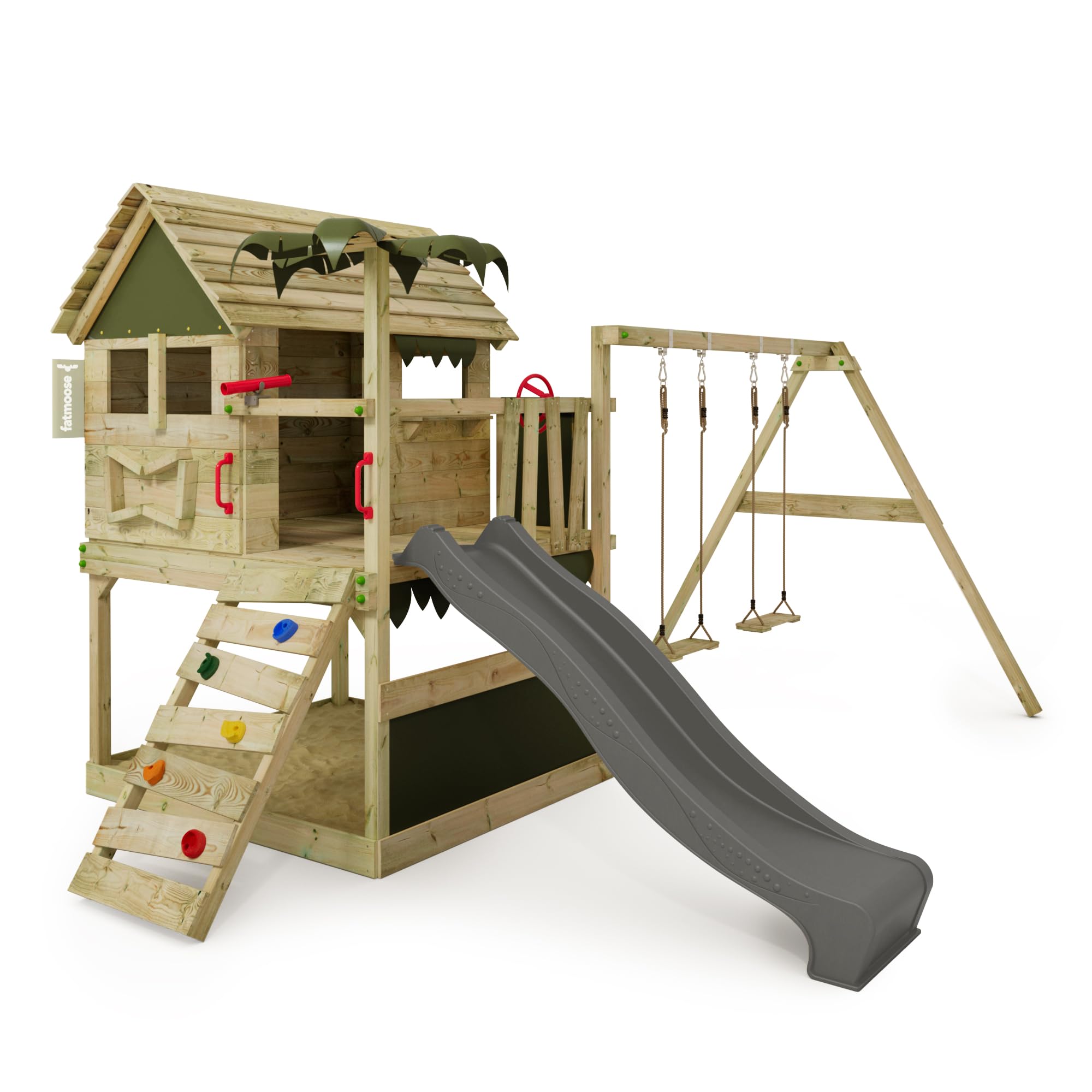 FATMOOSE Spielturm TikaTaka Town XXL mit anthraziter Rutsche | Klettergerüst, Mit Schaukel, Sandkasten, Leiter & Spiel-Zubehör, Outdoor für Garten