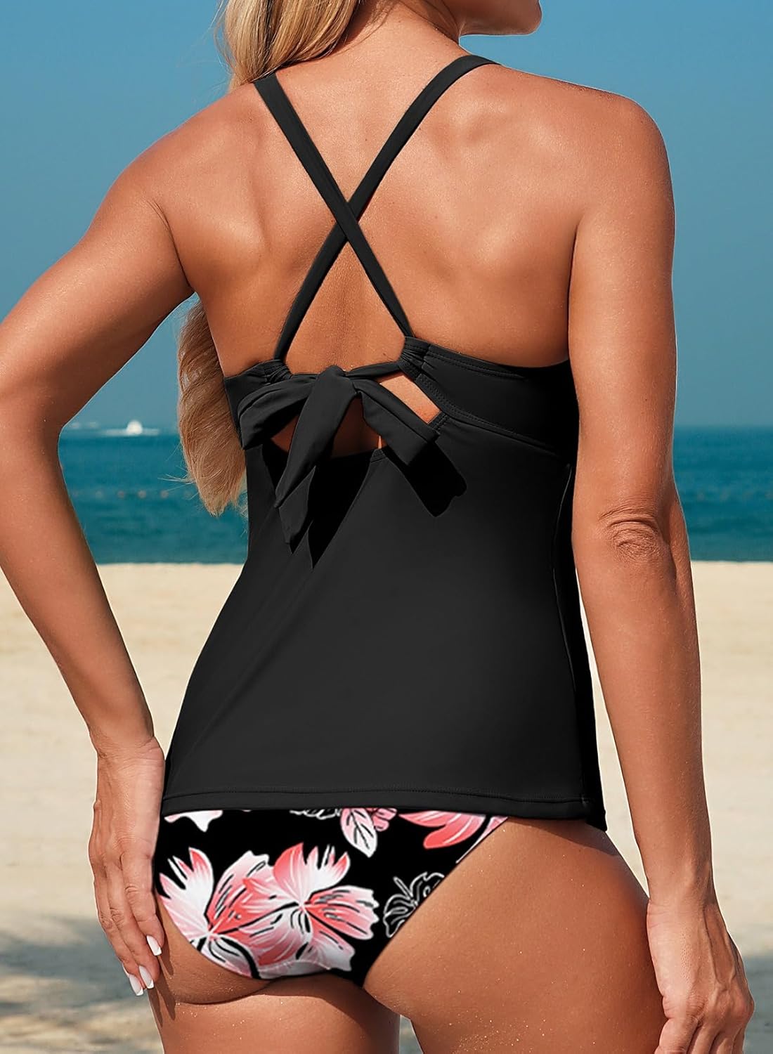 Aleumdr Tankini Swimsuits for Women 2 Piece Tummy Control Bathing Suit V Neck Tankini Top with High Waisted Bottom - Image 4