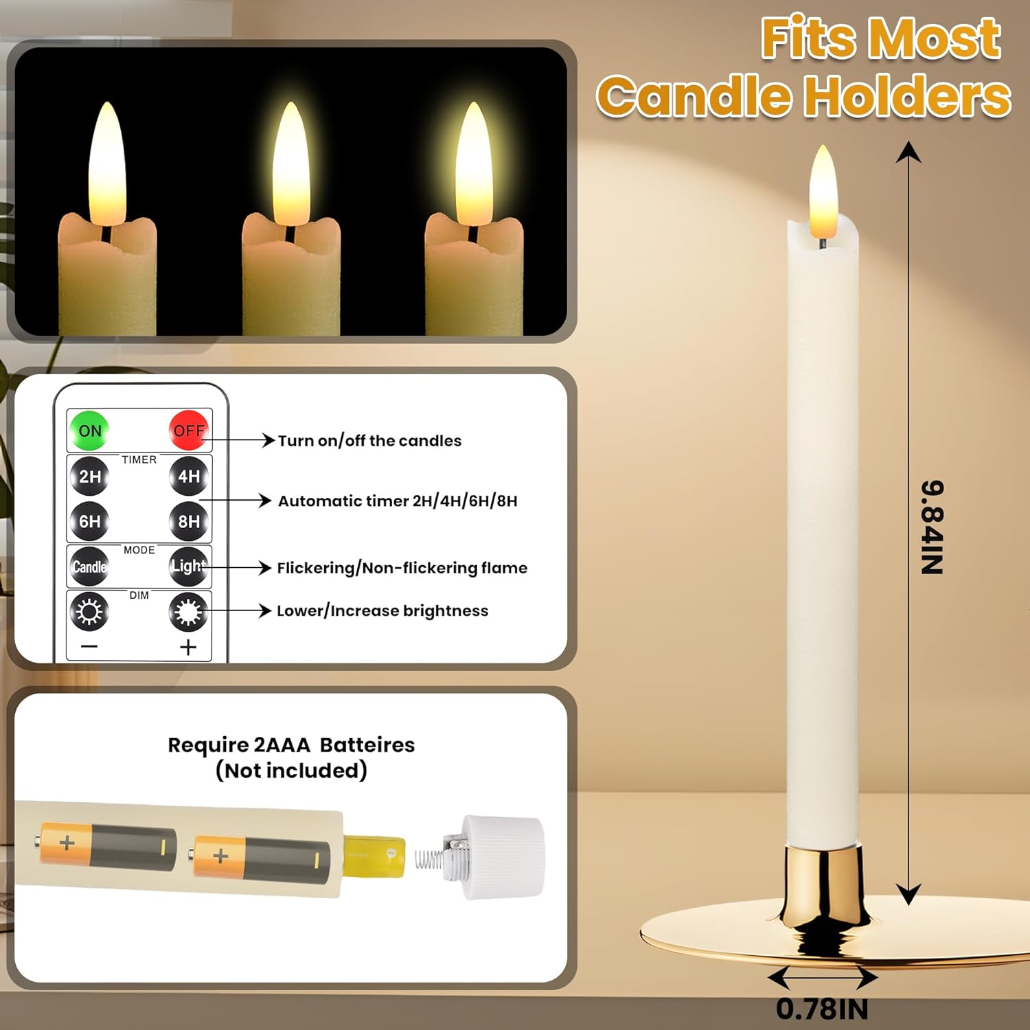 Upgraded 6 Pack Realistic Wax Flameless Taper Candles With Remote & Timer, 9.8 Inches Ivory Fake Candlesticks Battery Operated 3d Flickering, Functionality Led Candles For Indoor Home Decor