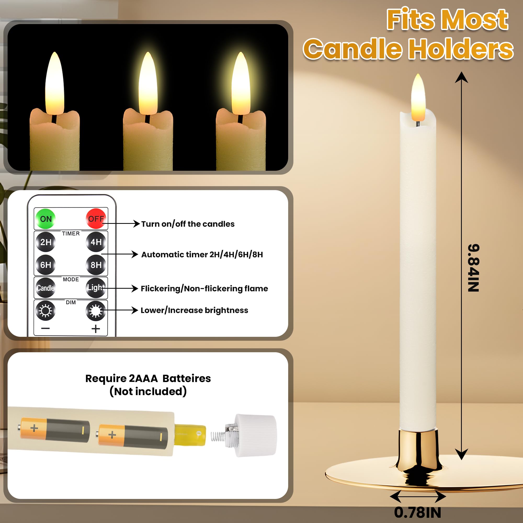 Confezione da 6 candele coniche senza fiamma, in vera cera, a LED, con stoppino 3D, candele a batteria con telecomando e tremolio caldo, per casa, Natale, tavolo da pranzo, decorazioni per matrimoni