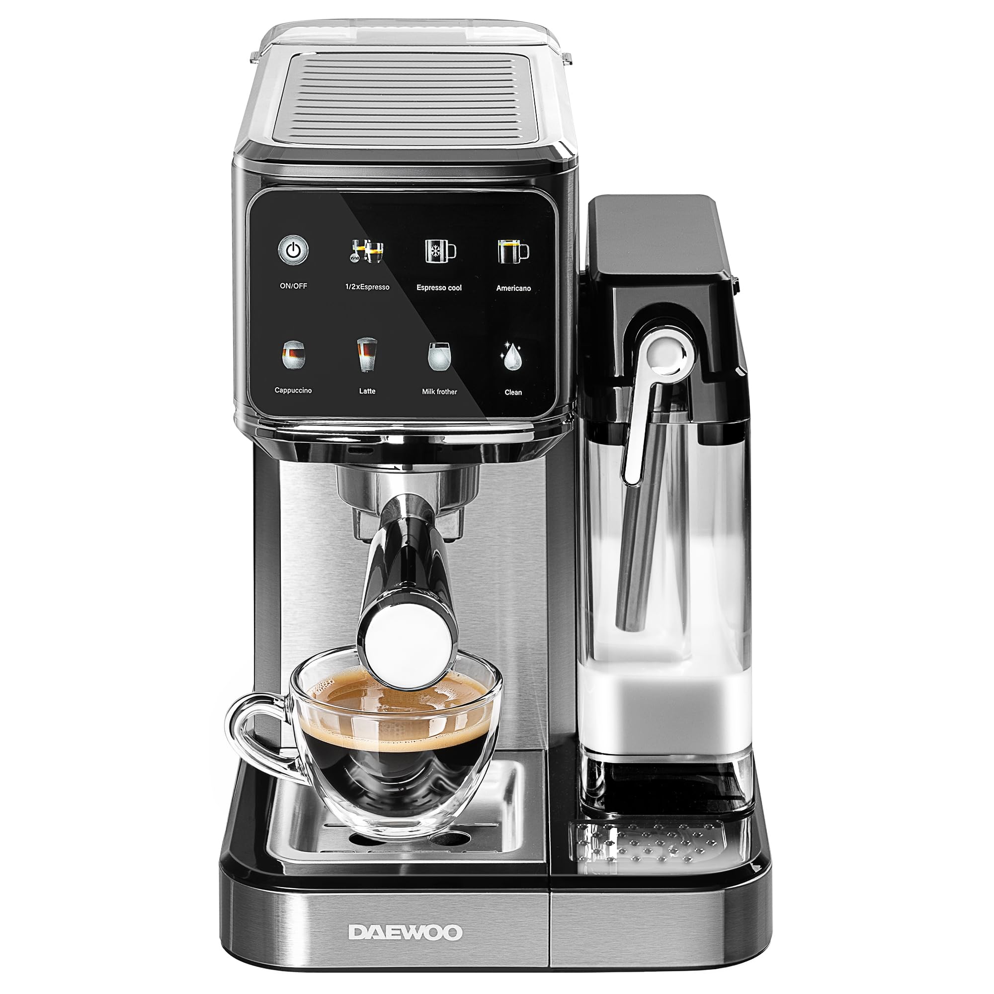 Daewoo One Touch Coffee Machine, Barista Style Espresso, Cappuccino, Latte & Americano Maker with Automatic Milk Frother, Integrated Milk Tank & Iced Coffee Function